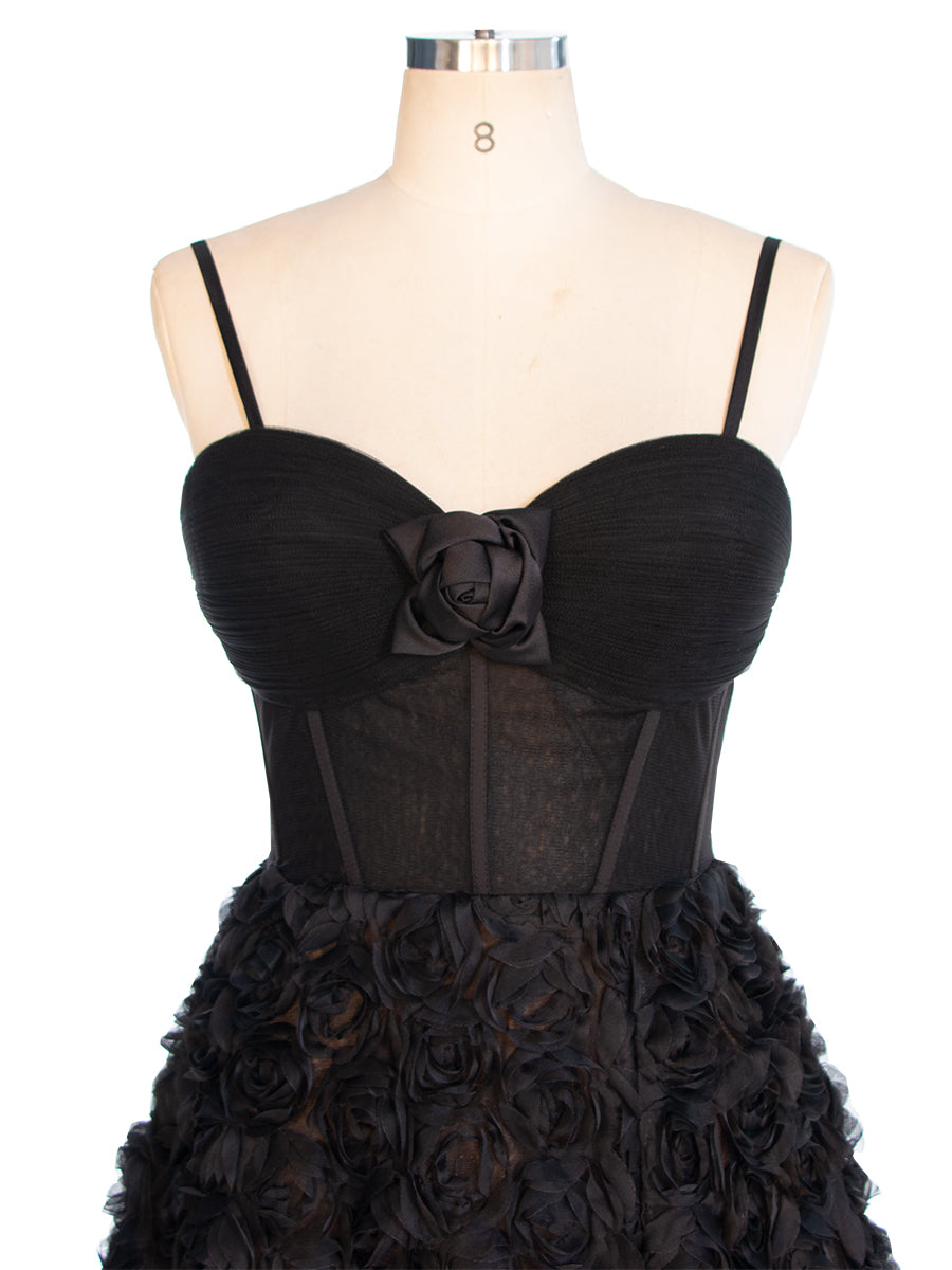 Black A-line Gown with Corset Bodice Mesh Rose Evening Formal Gown YW240043