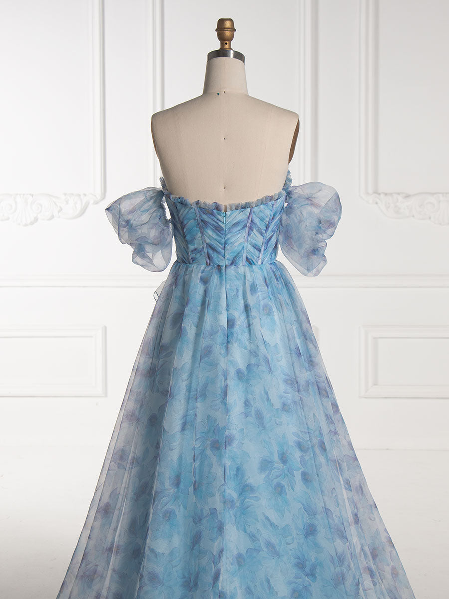 A-line Off The Shoulder Blue Floral Printed Prom Party Dress YE3008