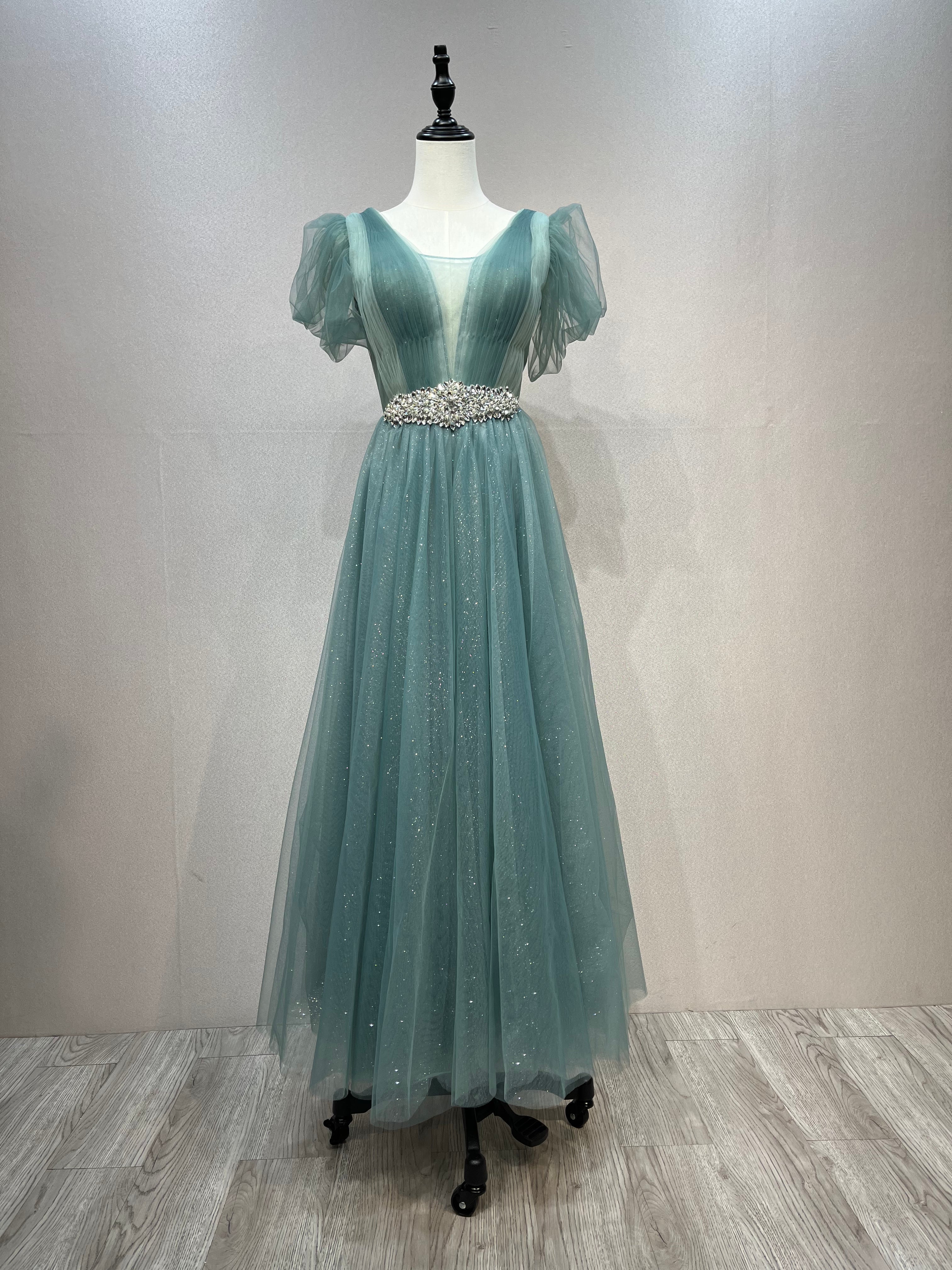 V Neck Glitter Tulle Ankle Length Dress Elegant Prom Dress #21336D