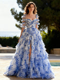 A Line Spaghetti Strap Layer Ruffles Prom Dress Floral Print Tulle Side Split Evening Dress