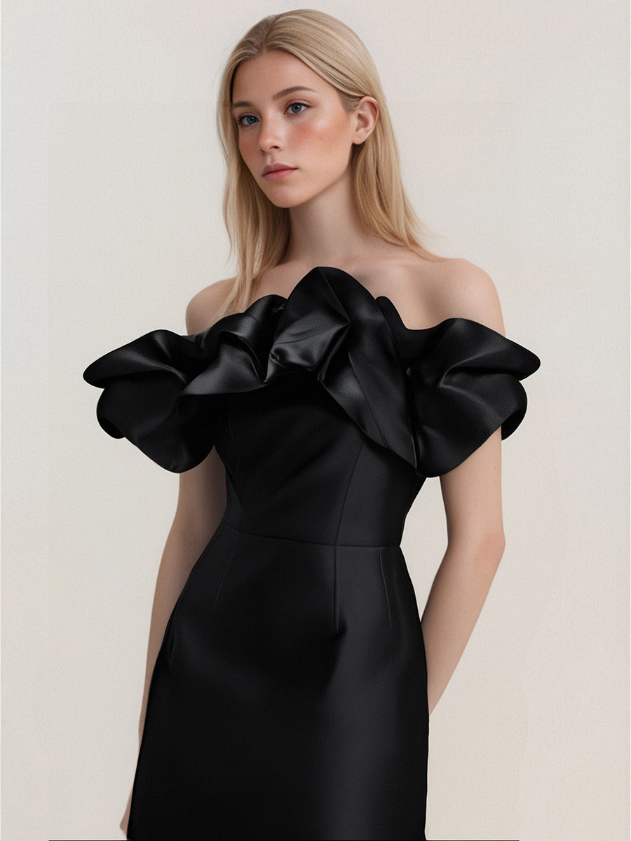 A Line Women Strapless Satin Patch Ruffles Mini Dress Sexy Off Shoulder Backless Sleeveless Female Partywear
