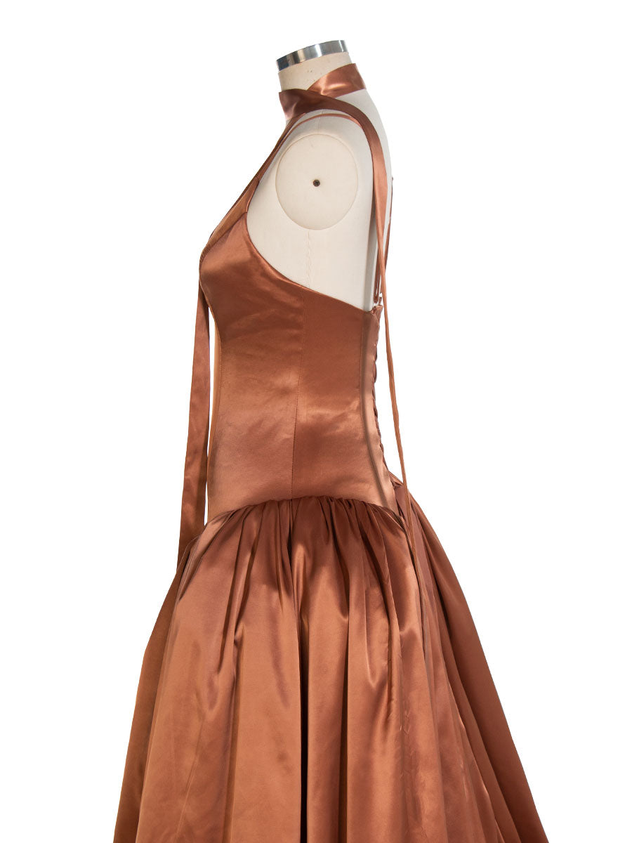 Brown Silk Satin Long Dress with Shirred Skirt Detail Party Dress YW240026