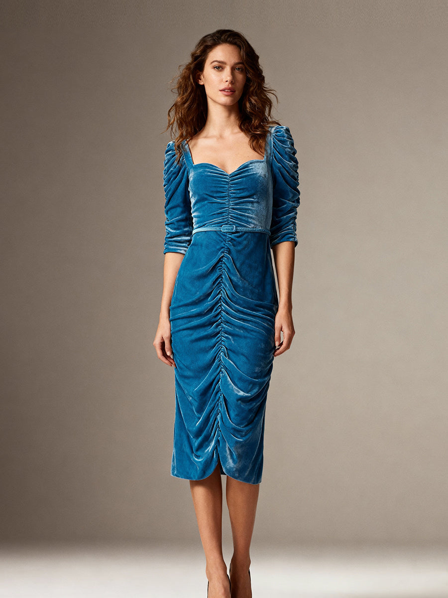 Blue Velvet Women's Evening Gown Midi Length Party Dress