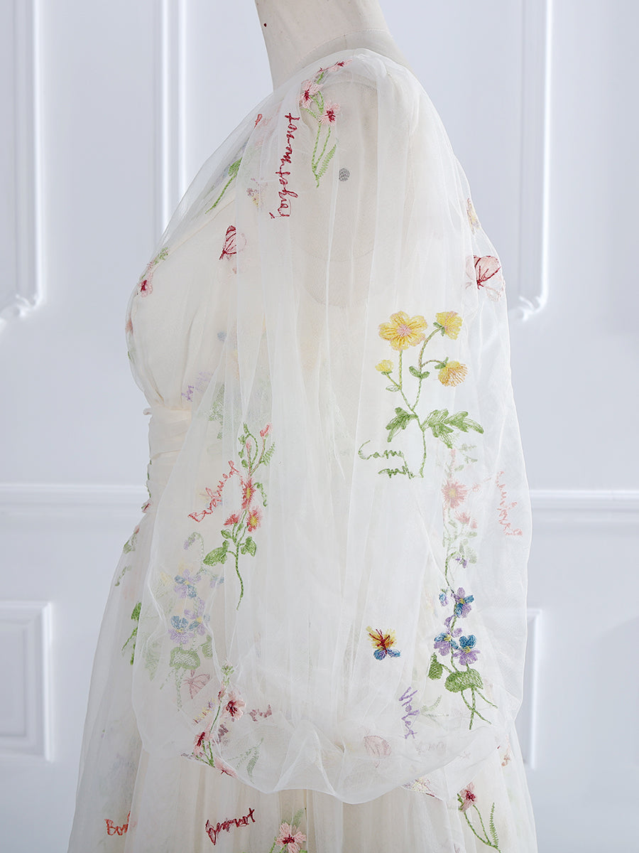 V-Neck Embroidery Tulle Puffy Sleeves Tea Party Dresses YEWEN YW231050