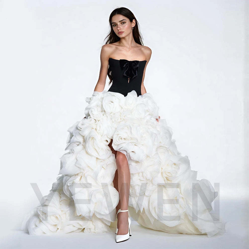 Black Strapless High Low Bow 3D Flower Photography Dress Custom Wedding Gown Formal Bridal Dress Elegant Photoshoot Outfit