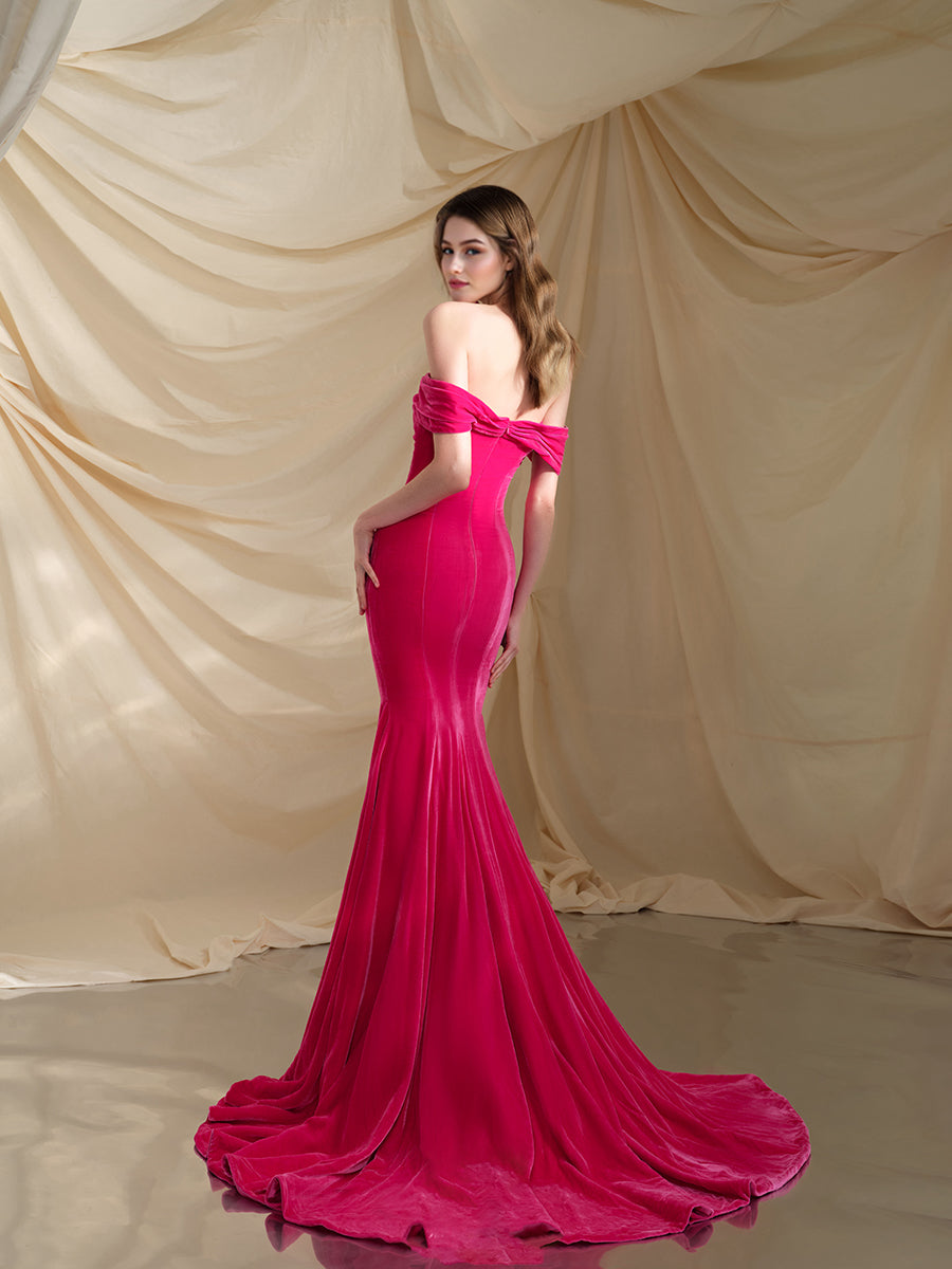 Hot Pink Velvet Off the Shoulder Mermaid Formal Dress Party Dress