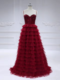 A-Line Spaghetti Straps Burgundy Sweetheart-Neck Layered Cascade Ball Gown Prom Dresses #18636A
