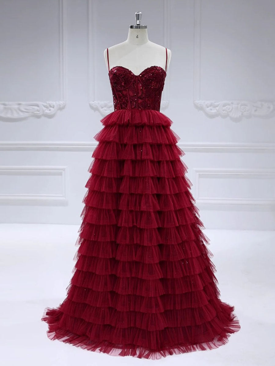 A-Line Spaghetti Straps Burgundy Sweetheart-Neck Layered Cascade Ball Gown Prom Dresses #18636A