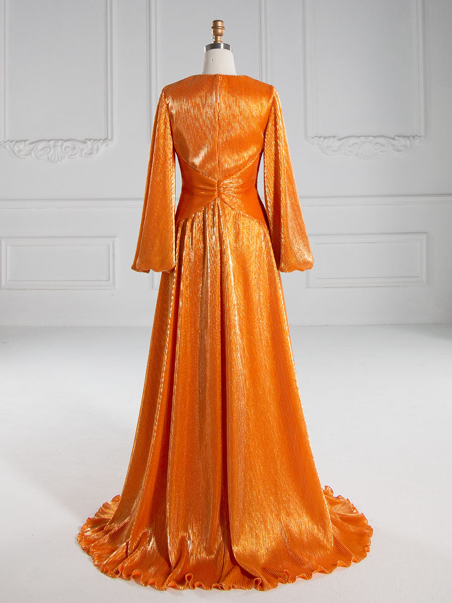 A-line V Neck Floor Length Prom Dresses with Long Sleeves YE3013