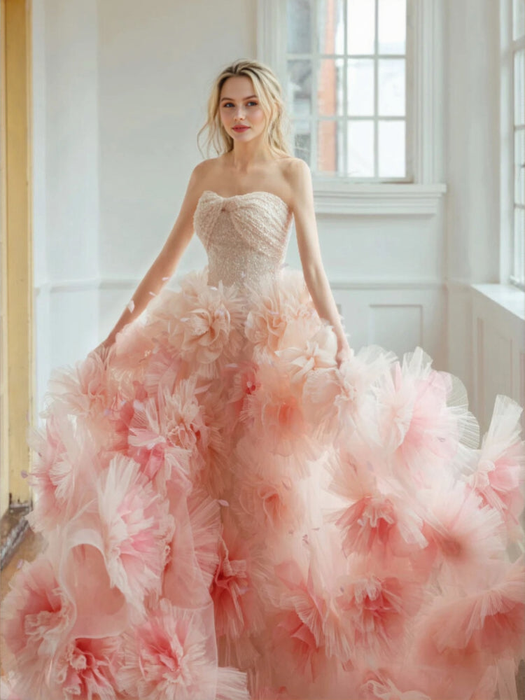 Stylish Big Handmade Flowers Colorful Puffy Bridal Wedding Dress Chic Photo Shooting Gown
