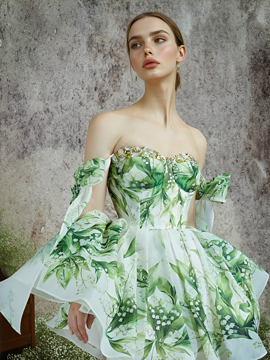 Green Floral Printed Midi Prom Dress Cocktail Party Homecoming Dresss