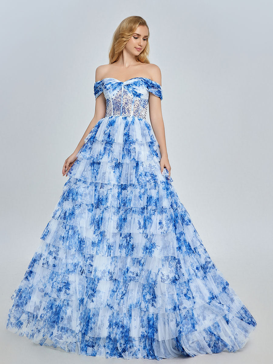 Blue Off-Shoulder Floral Tulle Gown Layered Prom Dress YE3025