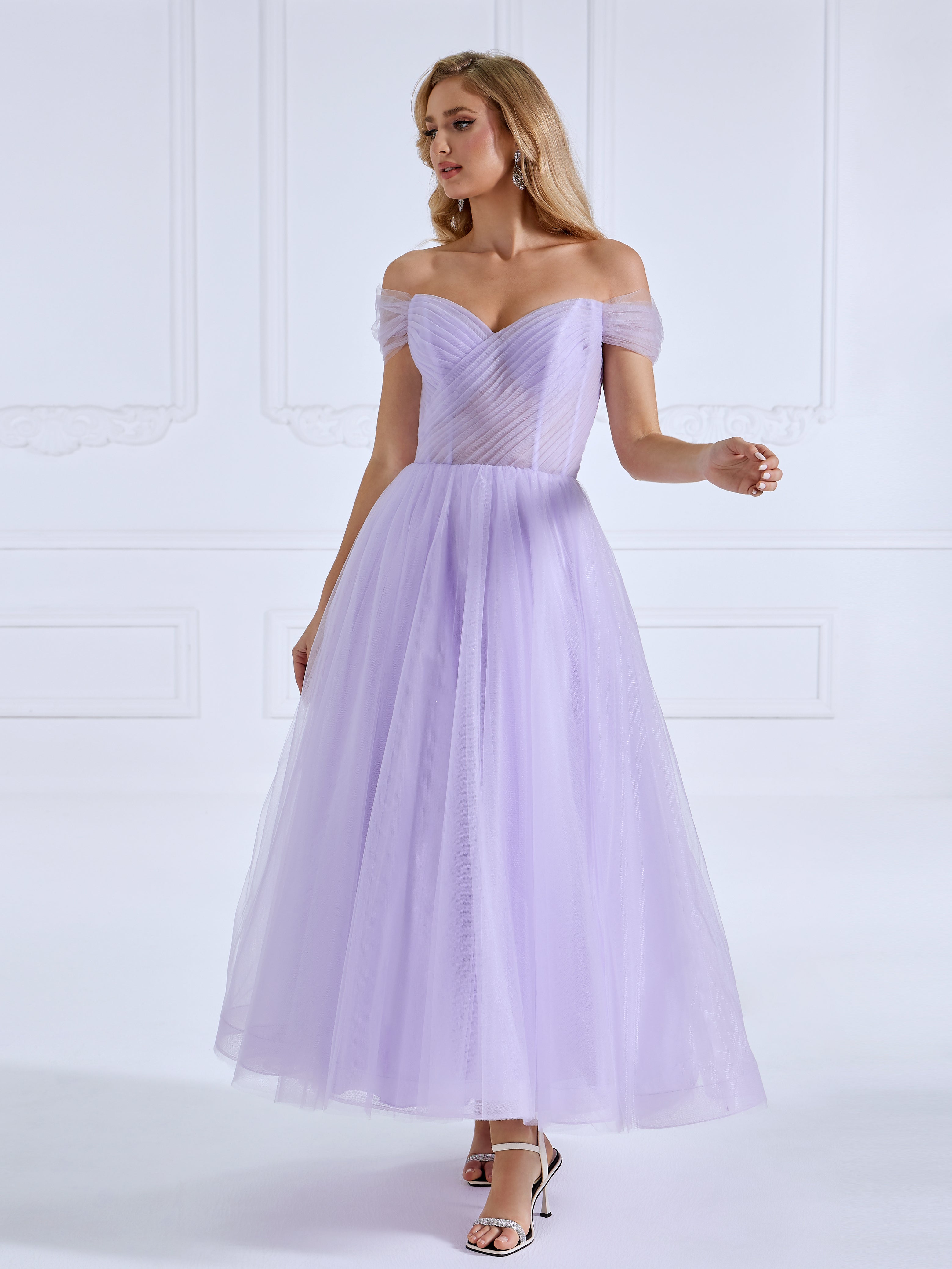 A-line Off the Shoulder Tulle Prom Dresses Ankle Length #16805