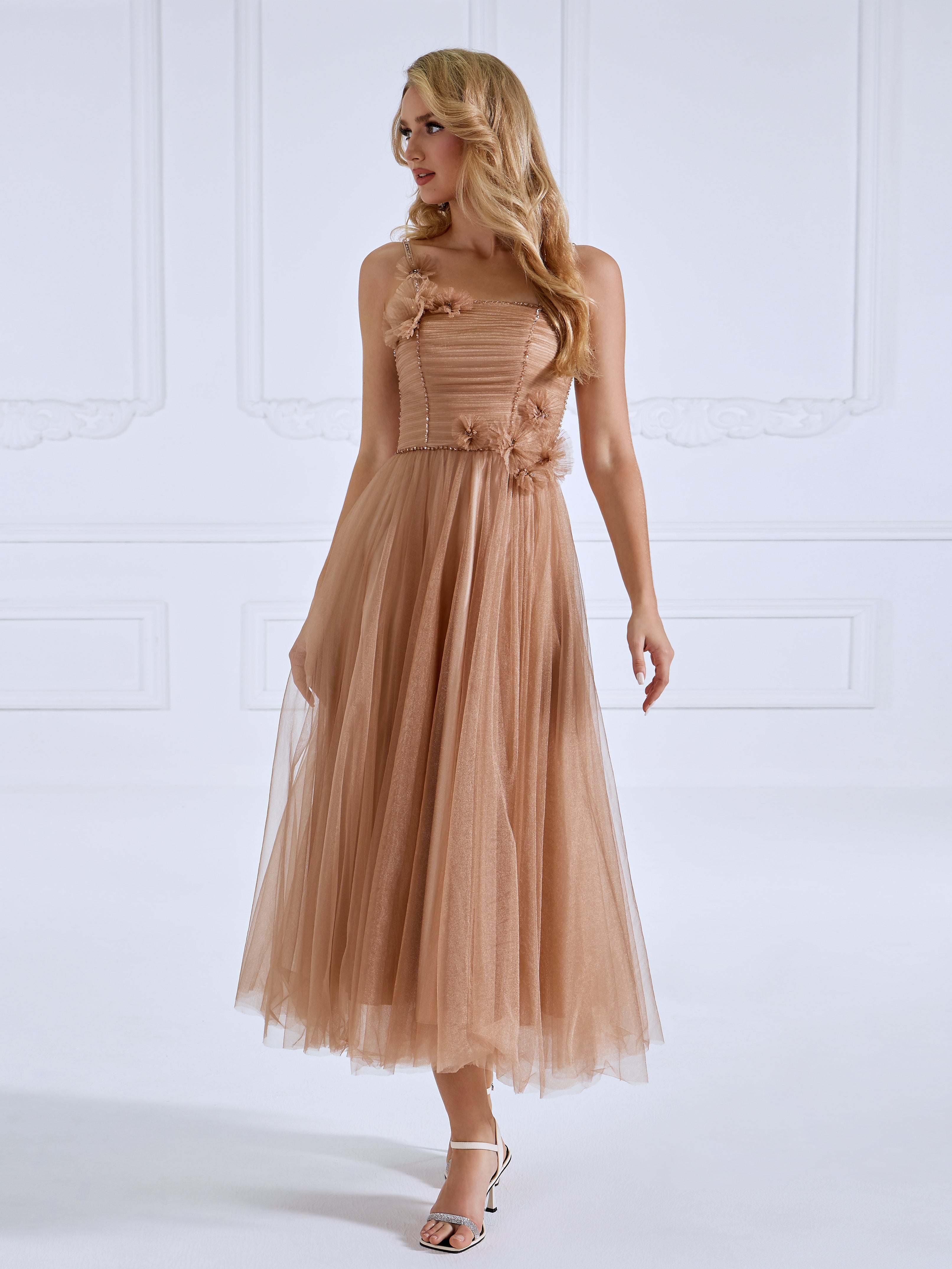 Spaghetti Strap Glitter Mesh Ankle Length Prom Ball Gown #0325