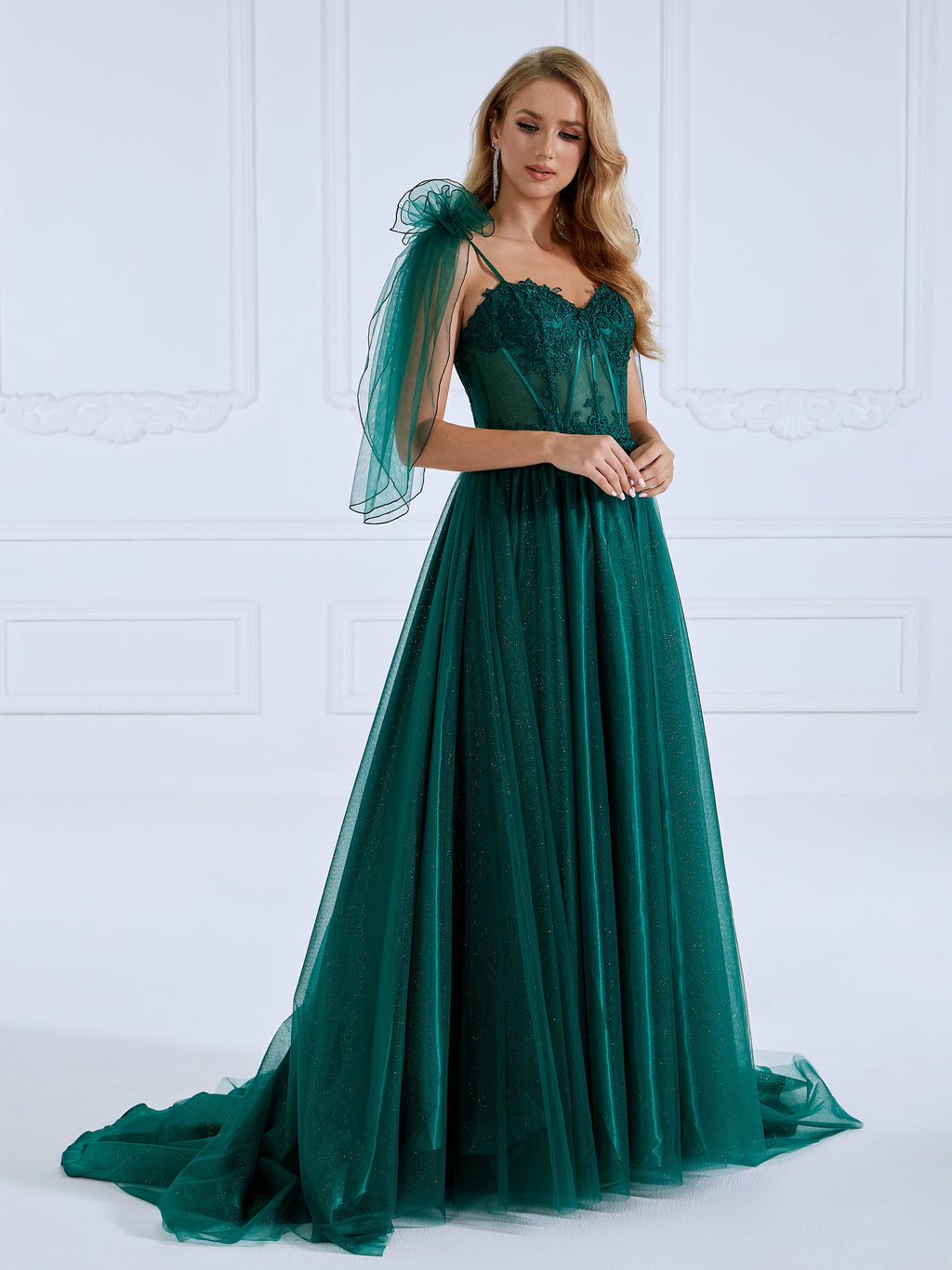 A Line Sweetheart Sweep Train Green Evening Dresses Photo Shoot Gown #0406