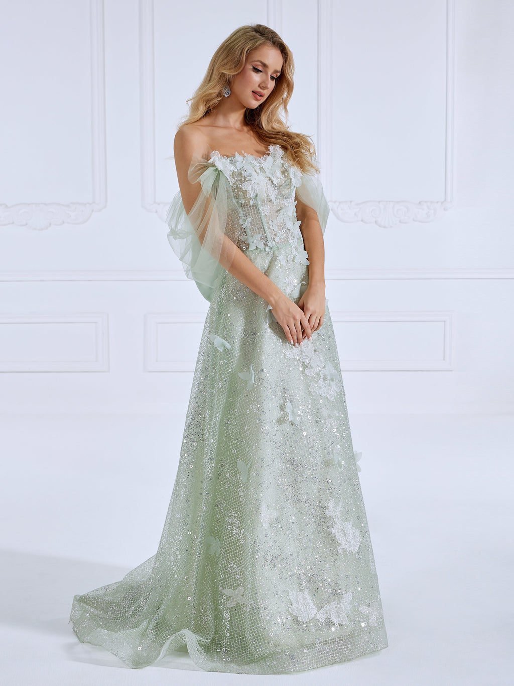 A Line Prom Dresses Sparkle Mesh appliques Off The Shoulder Evening Dress #19032