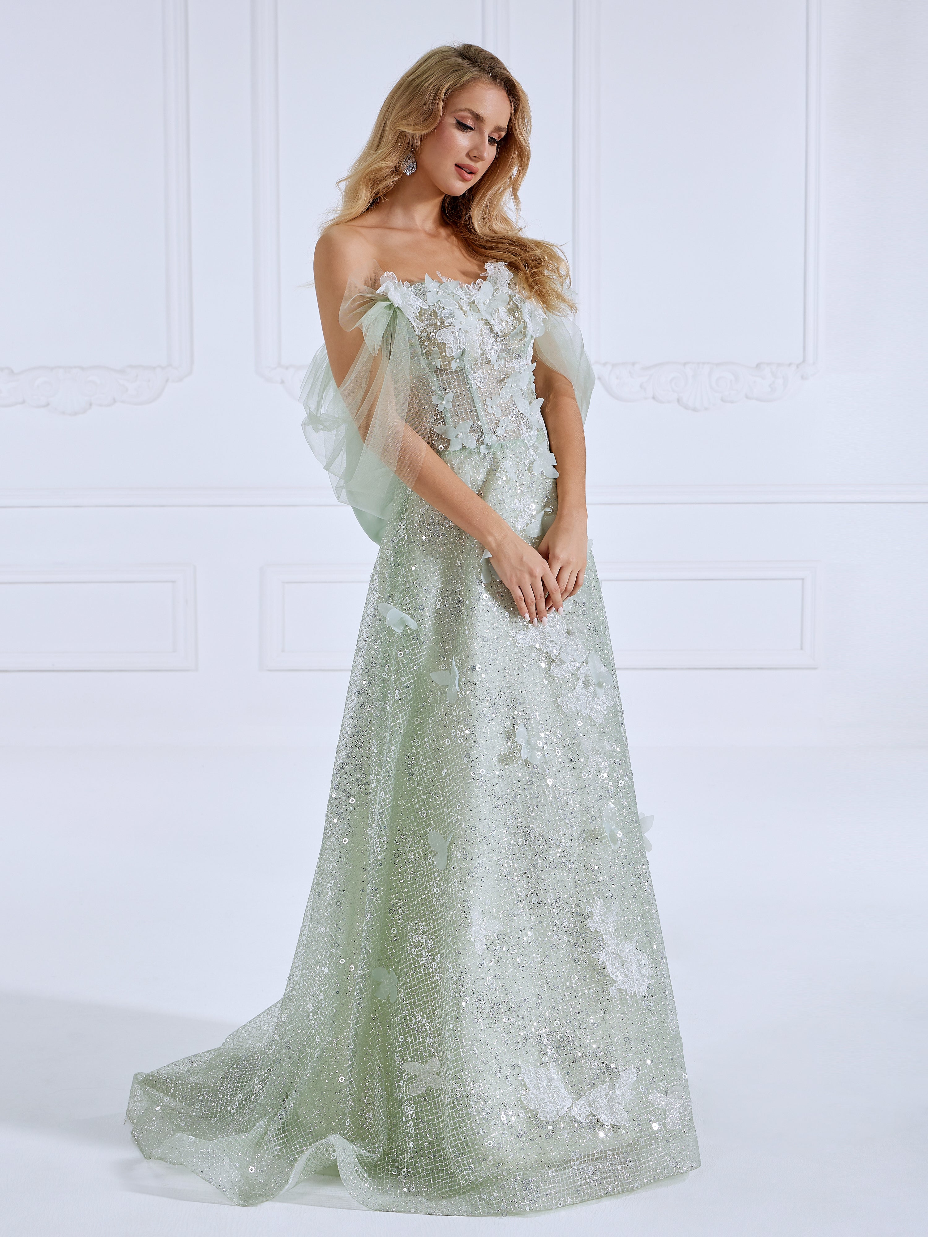 A Line Prom Dresses Sparkle Mesh appliques Off The Shoulder Evening Dress #19032
