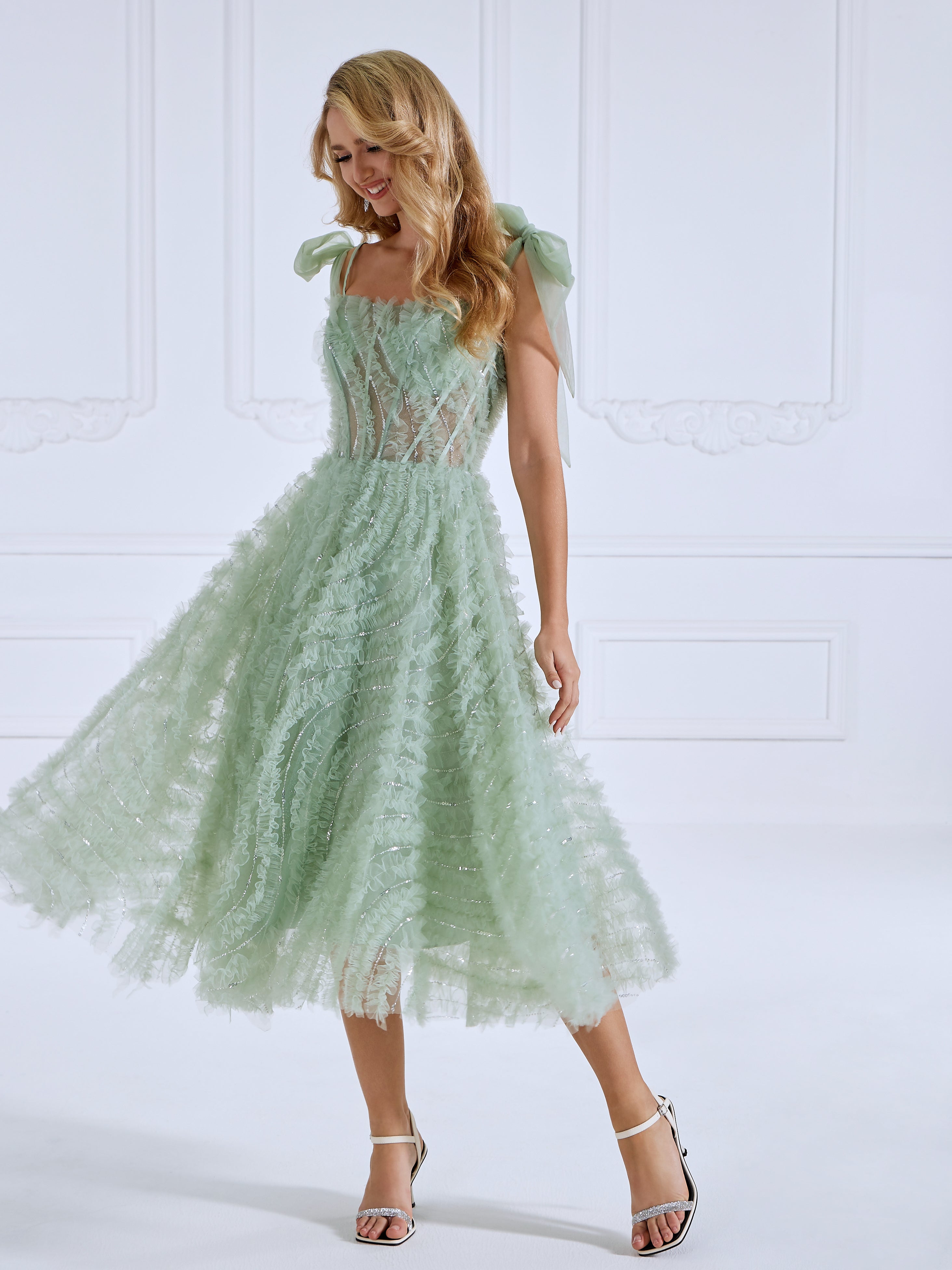 Sleeveless Scoop Neckline Ruffled Prom Dress #0331