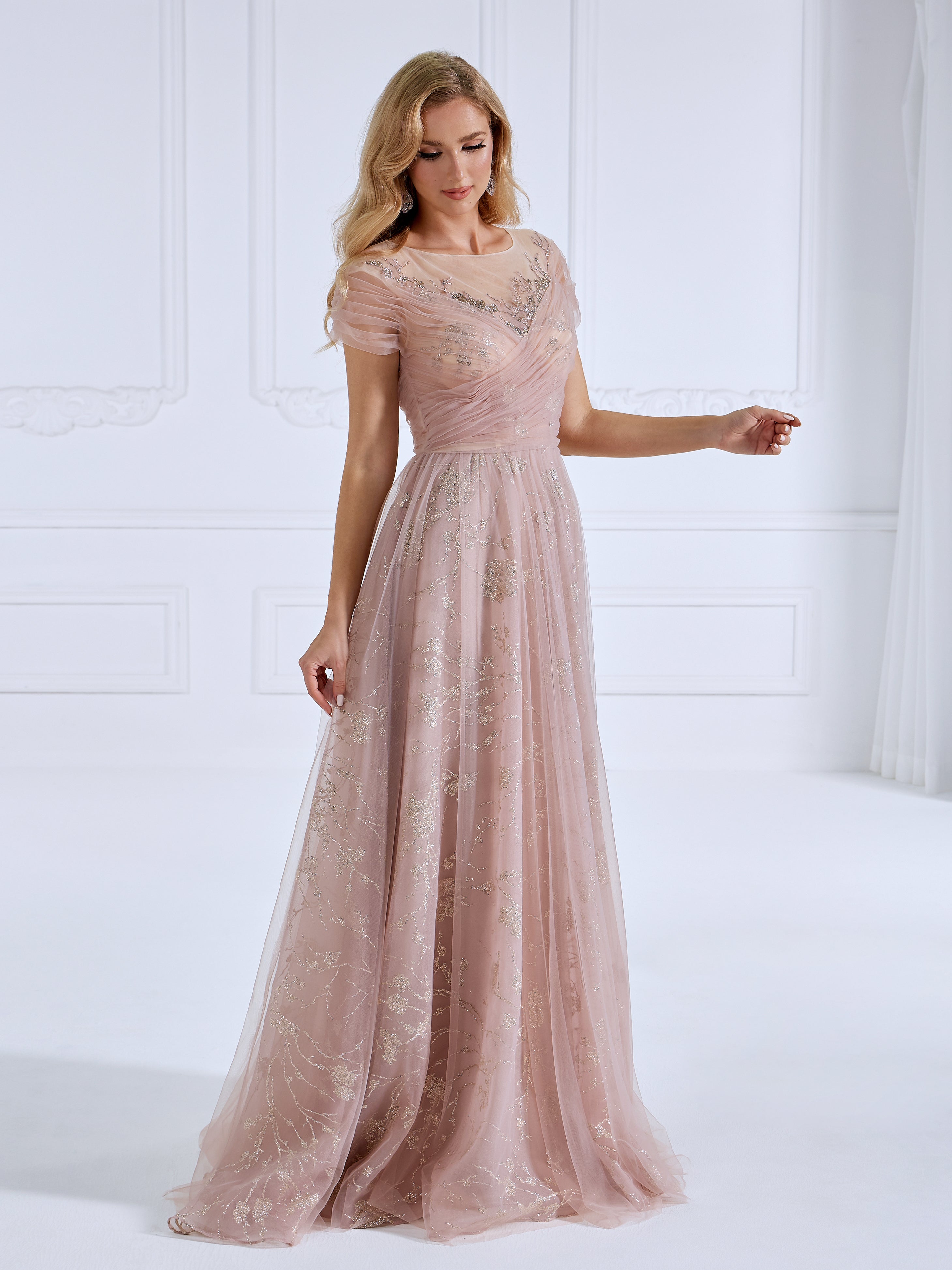 A Line illusion Round Neck Floor Length Tulle Prom Dresses With Glitter Pattern #16736