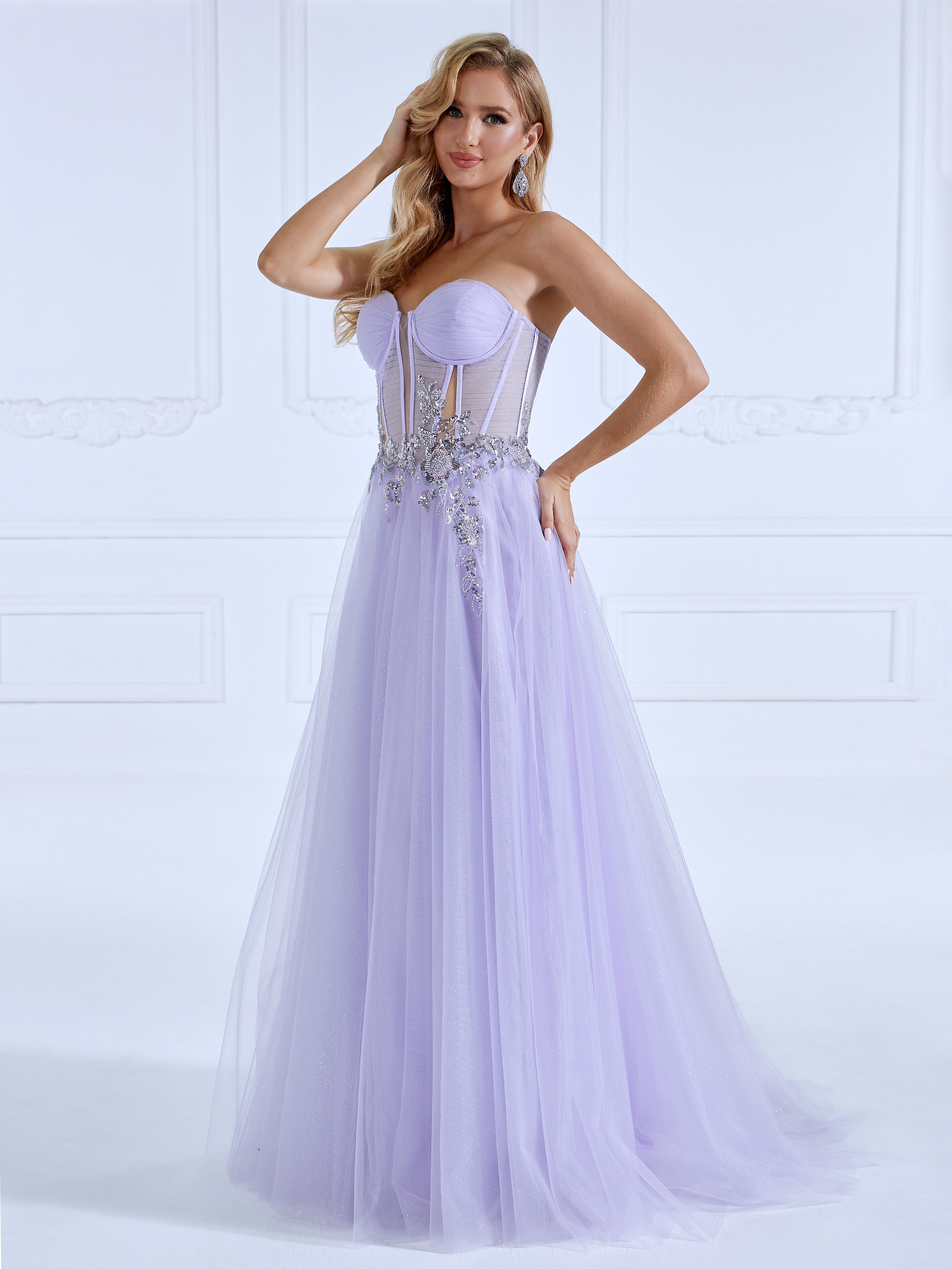 A-line Off the Shoulder Floor-Length Light Purple Prom Dresses With Sequins Beads  #18465