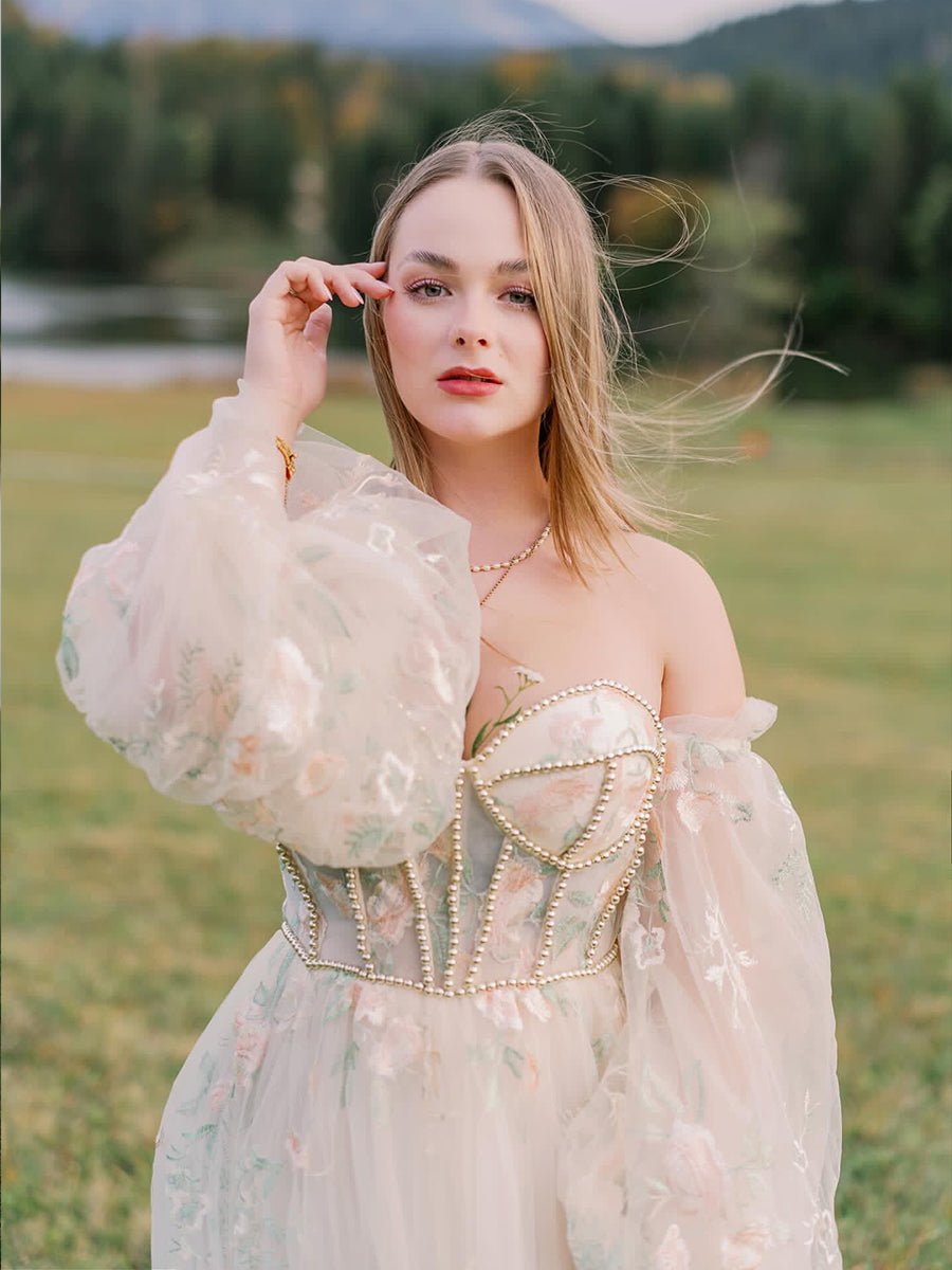 Strapless Long Sleeves Embroidery Floral Wedding Dresses with Color Beading Pearls Dress Photo Shoots Gowns YW230306