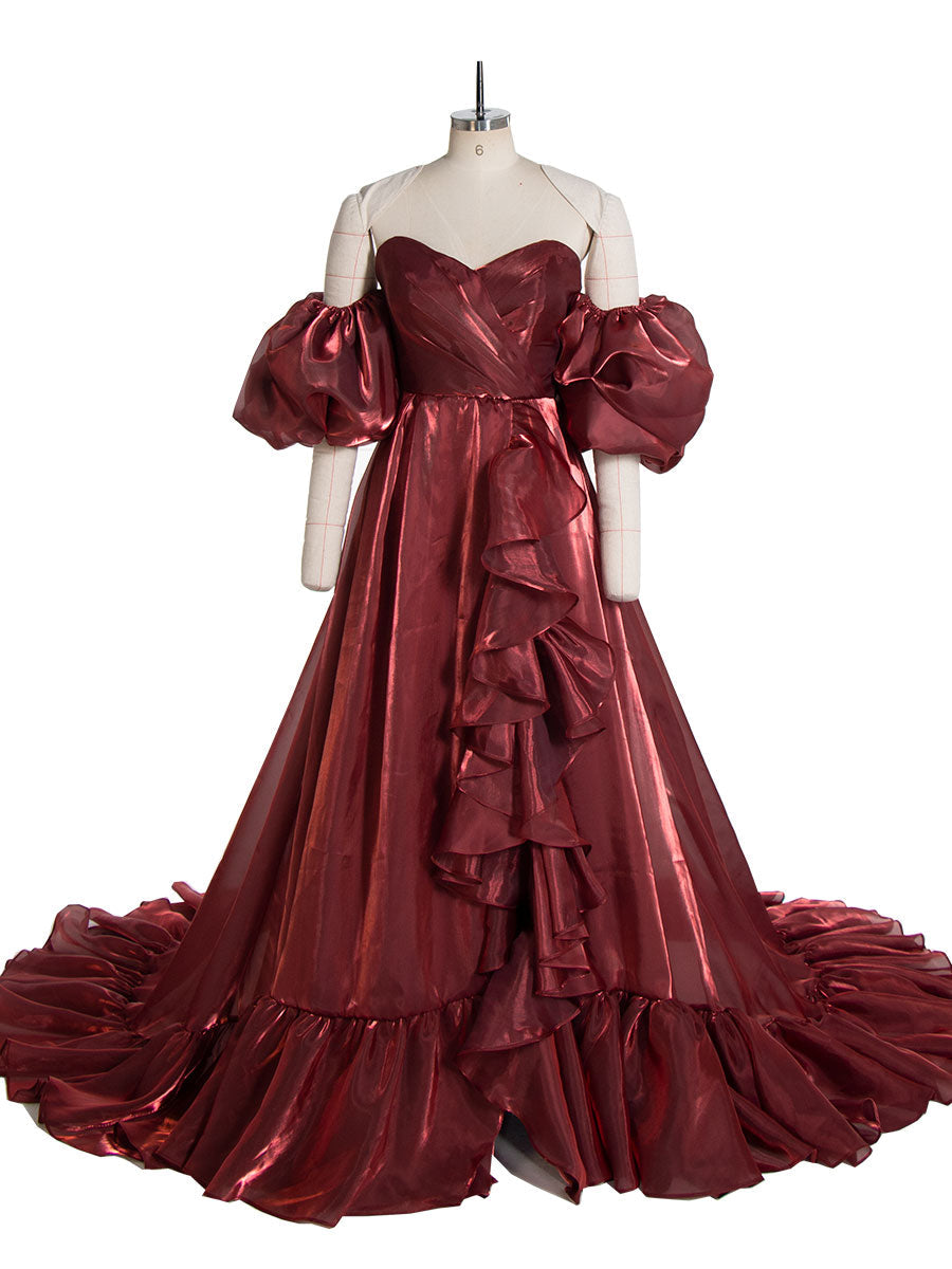 Detachable Short Puffy Sleeves Oragnza Holiday Dress Colored Weddng Dresses YW240081