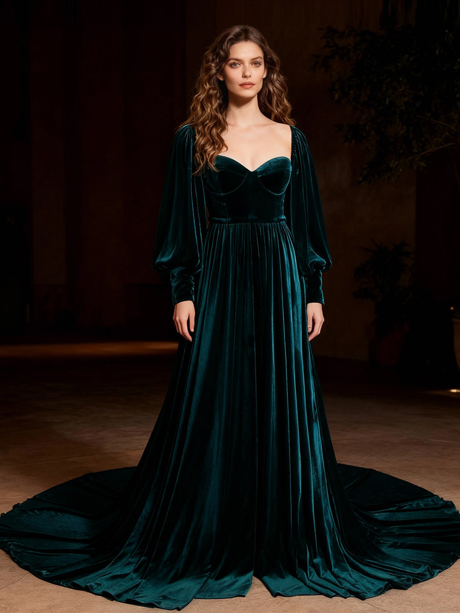 Fall Long Sleeves Velvet Evening Dress for Photo Shoot Outfit Gown YW240088