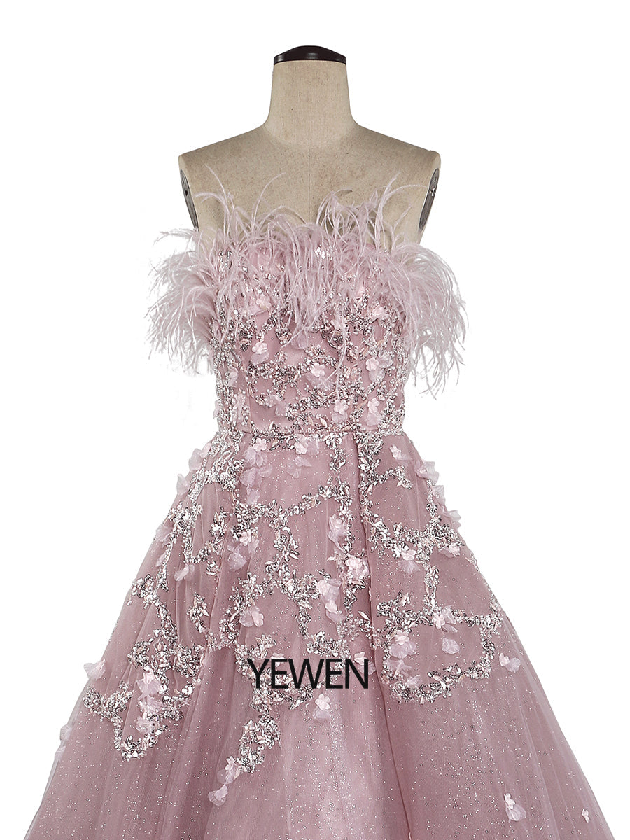 A-Line Strapless Luxury Prom Dresses 2024 Beaded Feather Zipper Back YEWEN