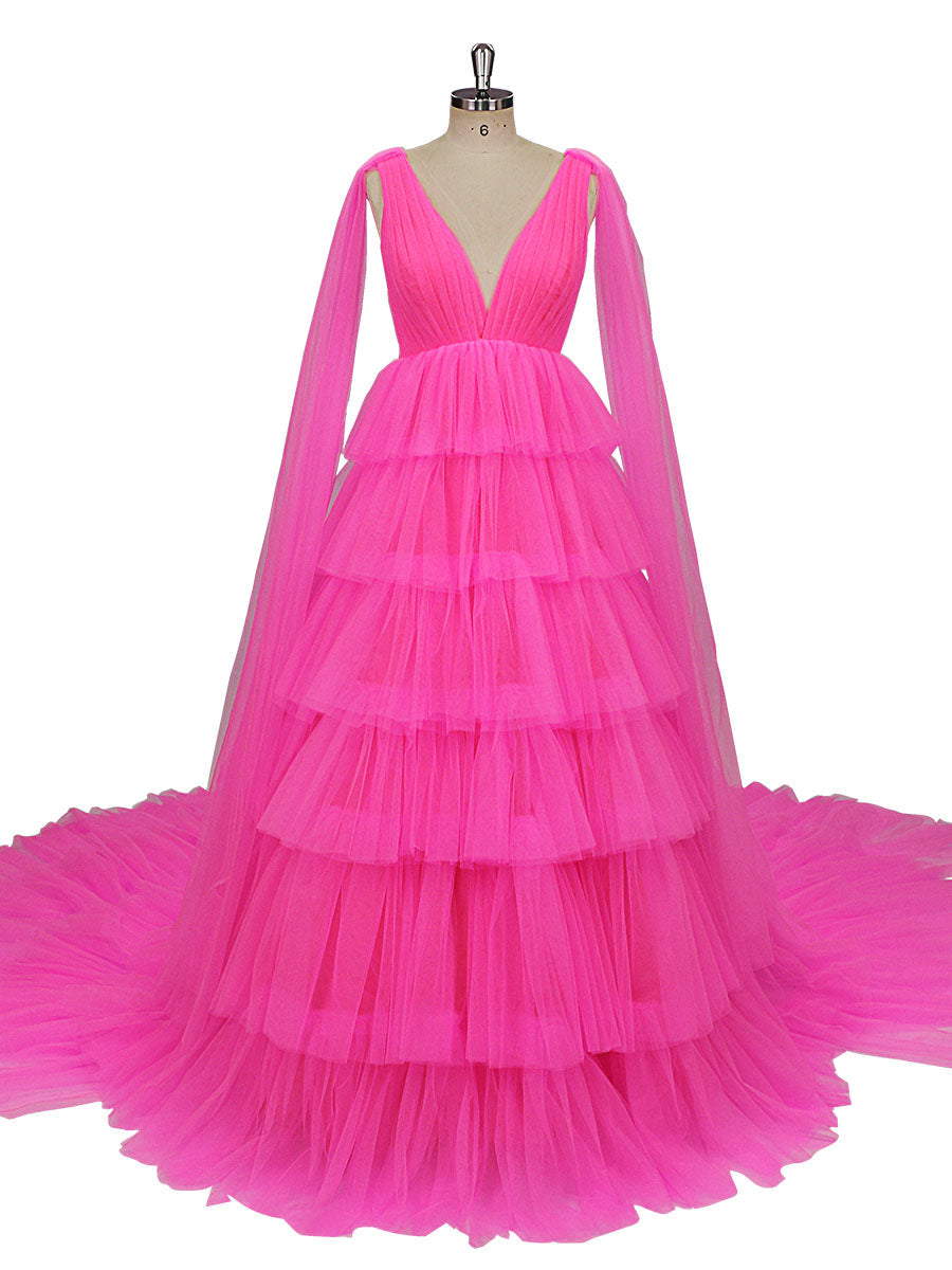 Layered  Long Train Wedding Dress Double V-Neck Ruffled Tiered Tulle Photo Shoot Gown YW231055