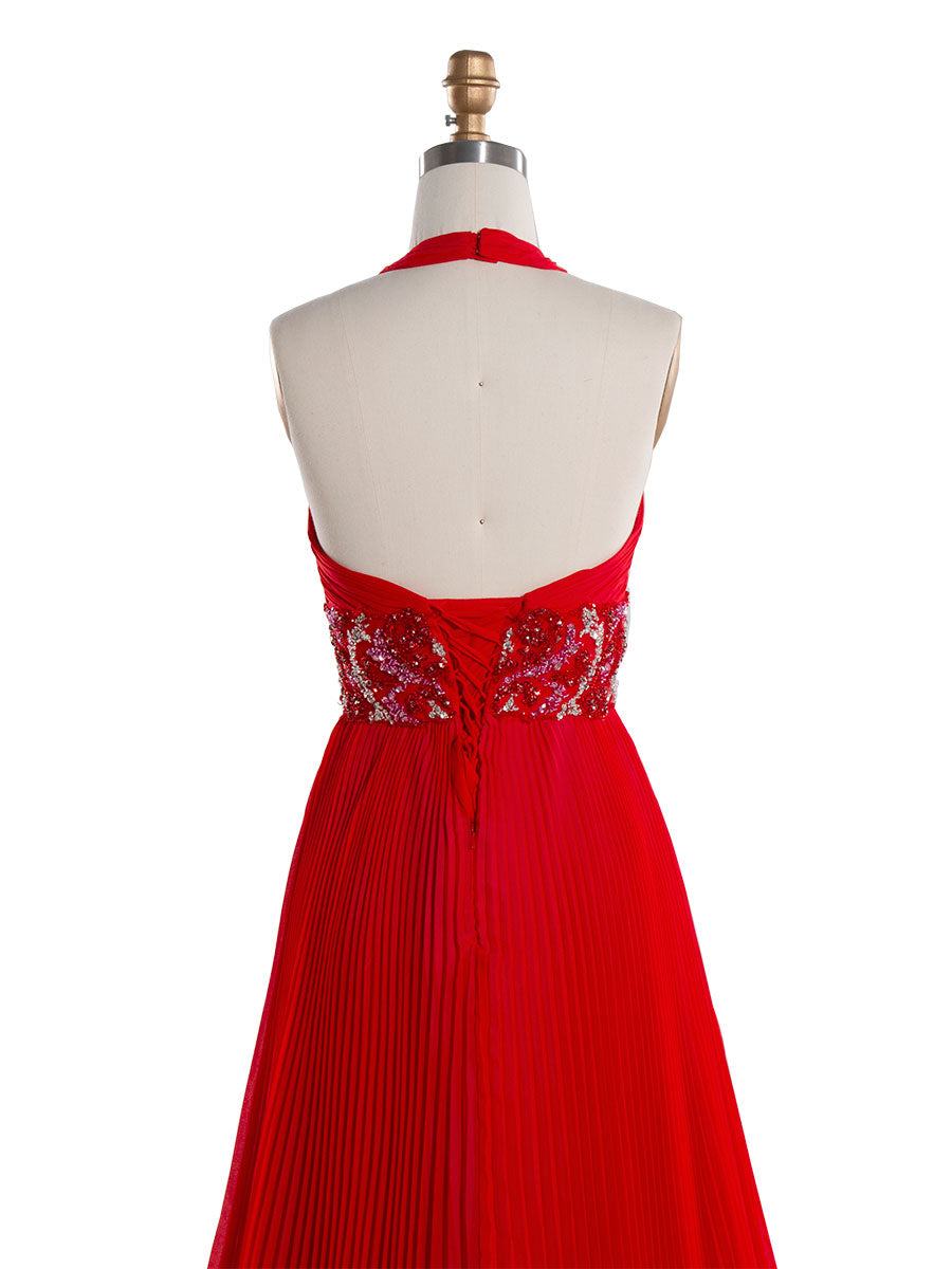 A line Backless Halter-Neck Red Pleated Long Prom Dress YE3020