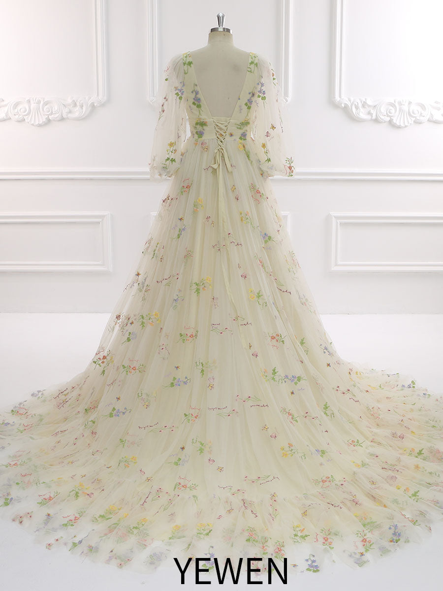 60cm Train Long Puffy Sleeve Embroidered Floral Wedding Dress Photoshoot Dress YEWEN YW231050-1