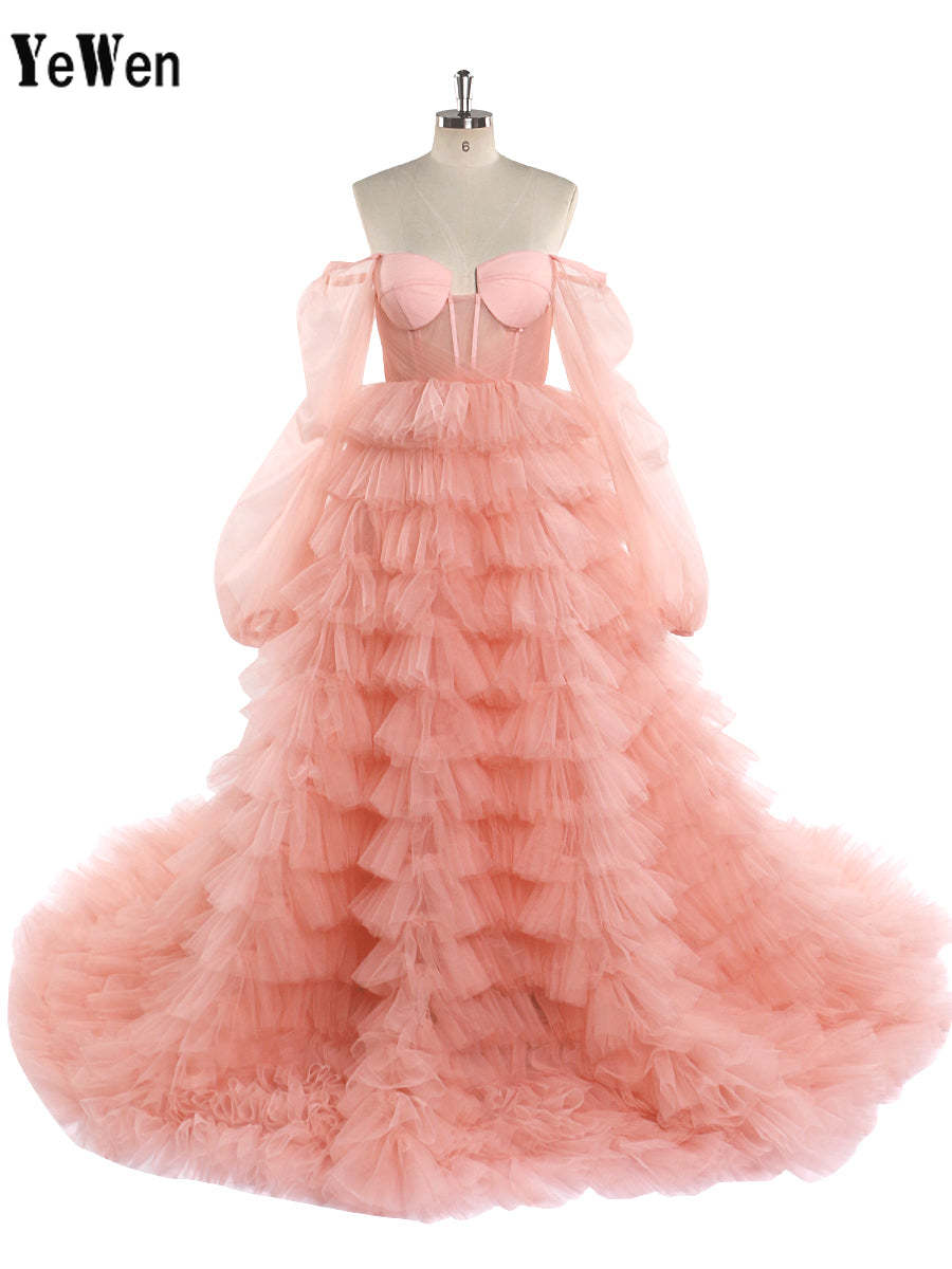 Off Shoulder Tulle Tiered Pink Prom Dress Wedding Dress Photo Shoot Gowns YW220828