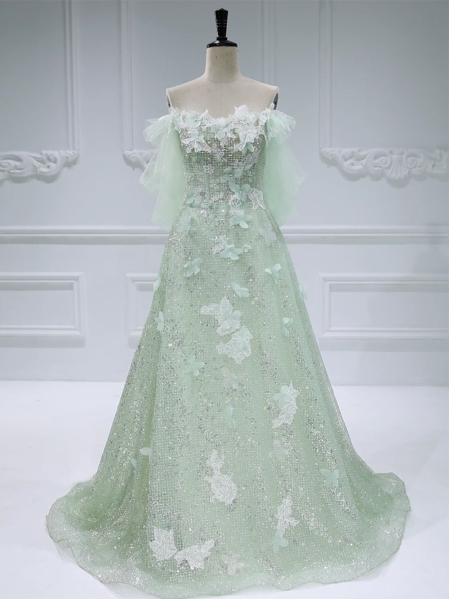 A Line Prom Dresses Sparkle Mesh appliques Off The Shoulder Evening Dress #19032