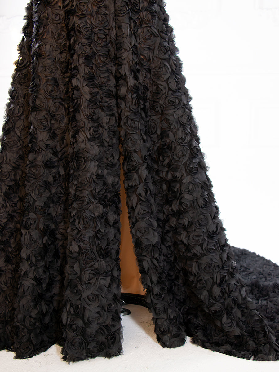 Black A-line Gown with Corset Bodice Mesh Rose Evening Formal Gown YW240043