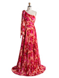 A-line Asymmetrica Red Printed Pleated Prom Party Dresses Floor Length YE3004