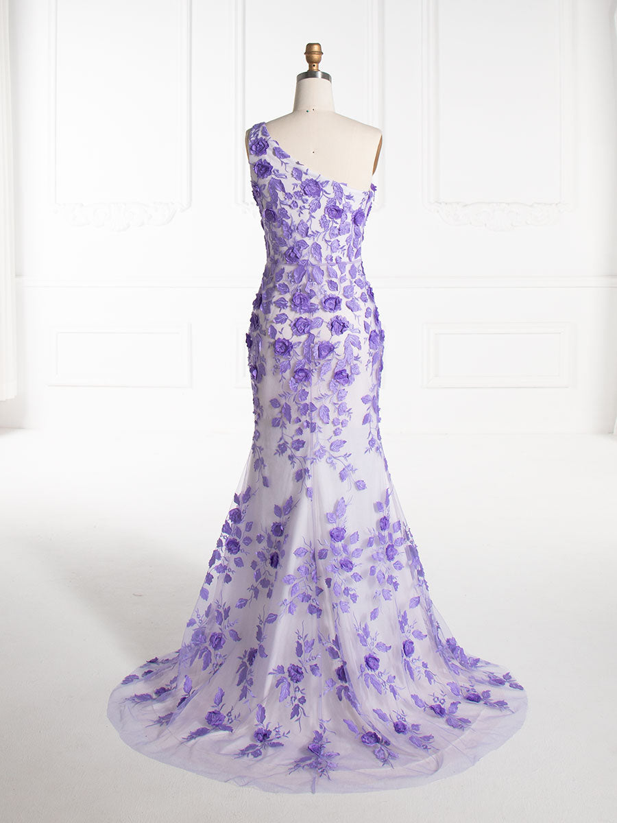 Mermaid One Shoulder Purple Embroidery Lace Prom Dresses YE3007