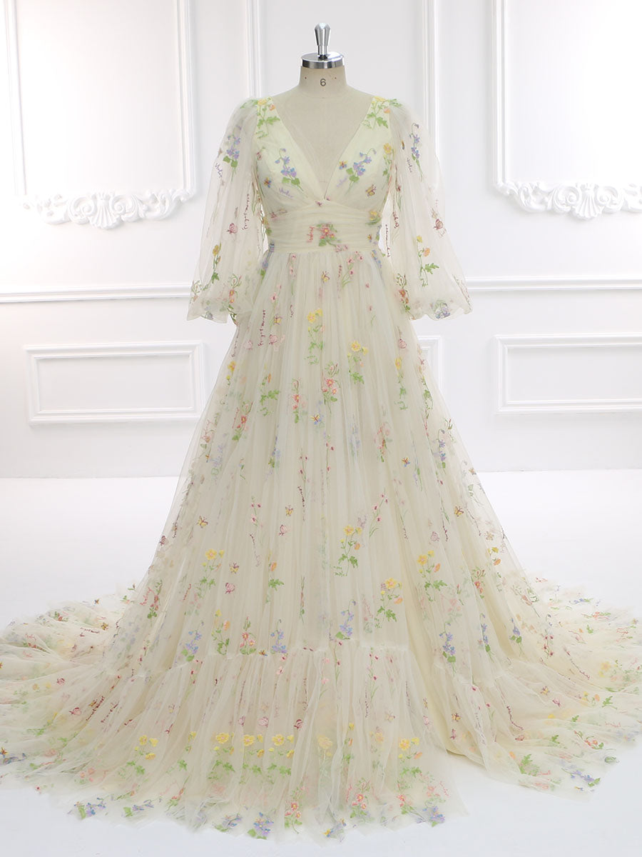 60cm Train Long Puffy Sleeve Embroidered Floral Wedding Dress Photoshoot Dress YEWEN YW231050-1