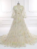 60cm Train Long Puffy Sleeve Embroidered Floral Wedding Dress Photoshoot Dress YEWEN YW231050-1