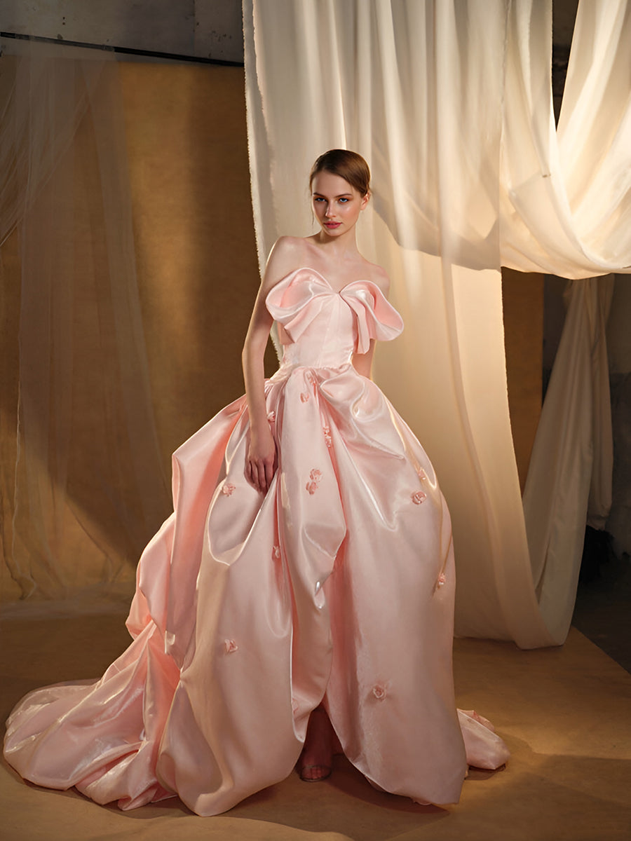 High-end Fashion Candy Pink Satin Cascading Ruffles Prom Dress Wedding Party Dress