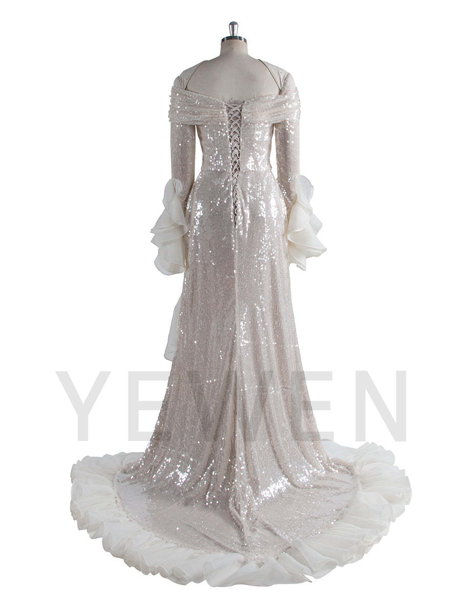 Fashion Shiny sequins Prom Party Dress Long sleeve Off Shoulder Asymmetrical Party Gown YW250020