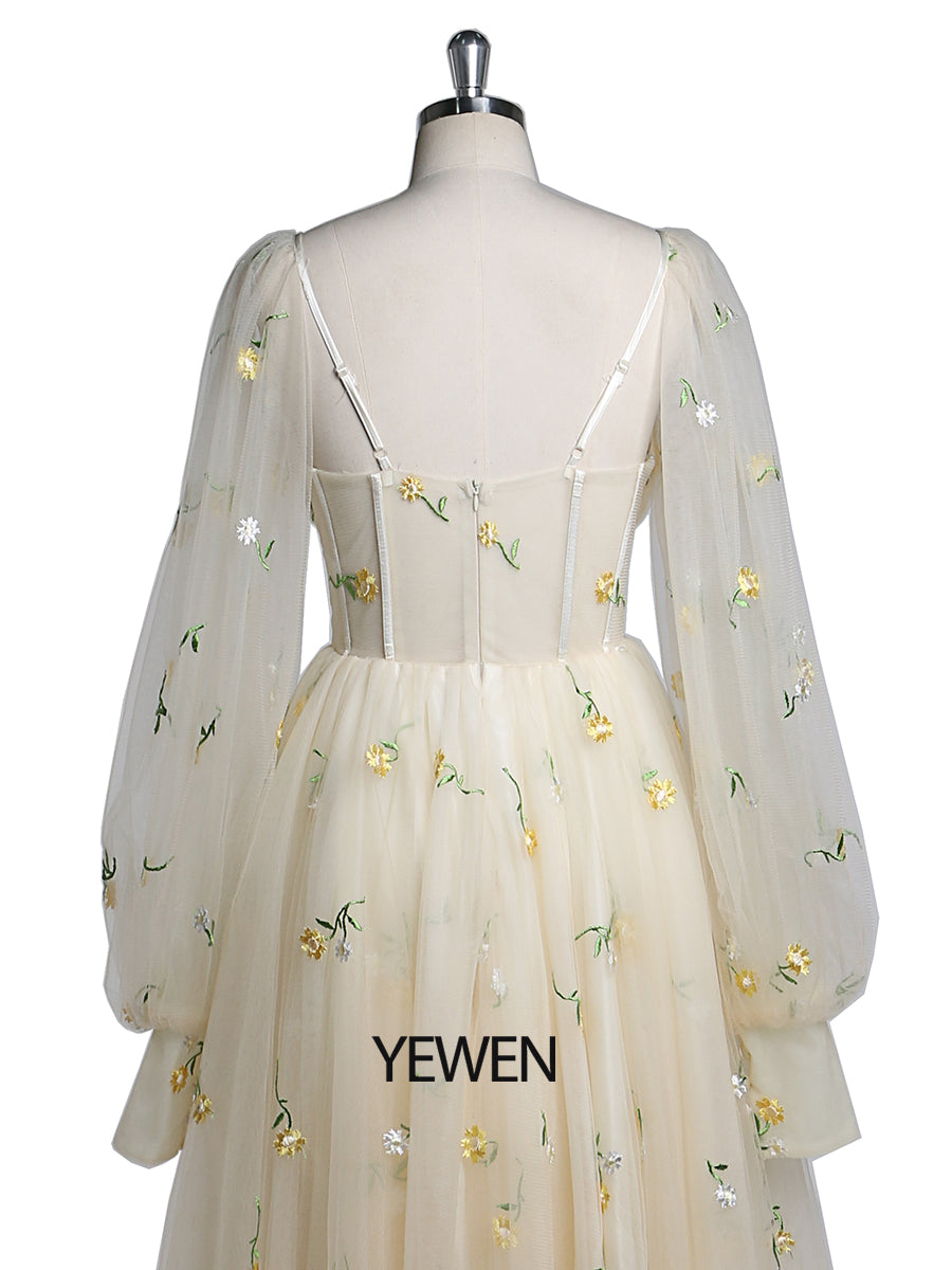Embroidery Long Puffy Sleeve Tulle Tea Party Dresses YEWEN YW220323