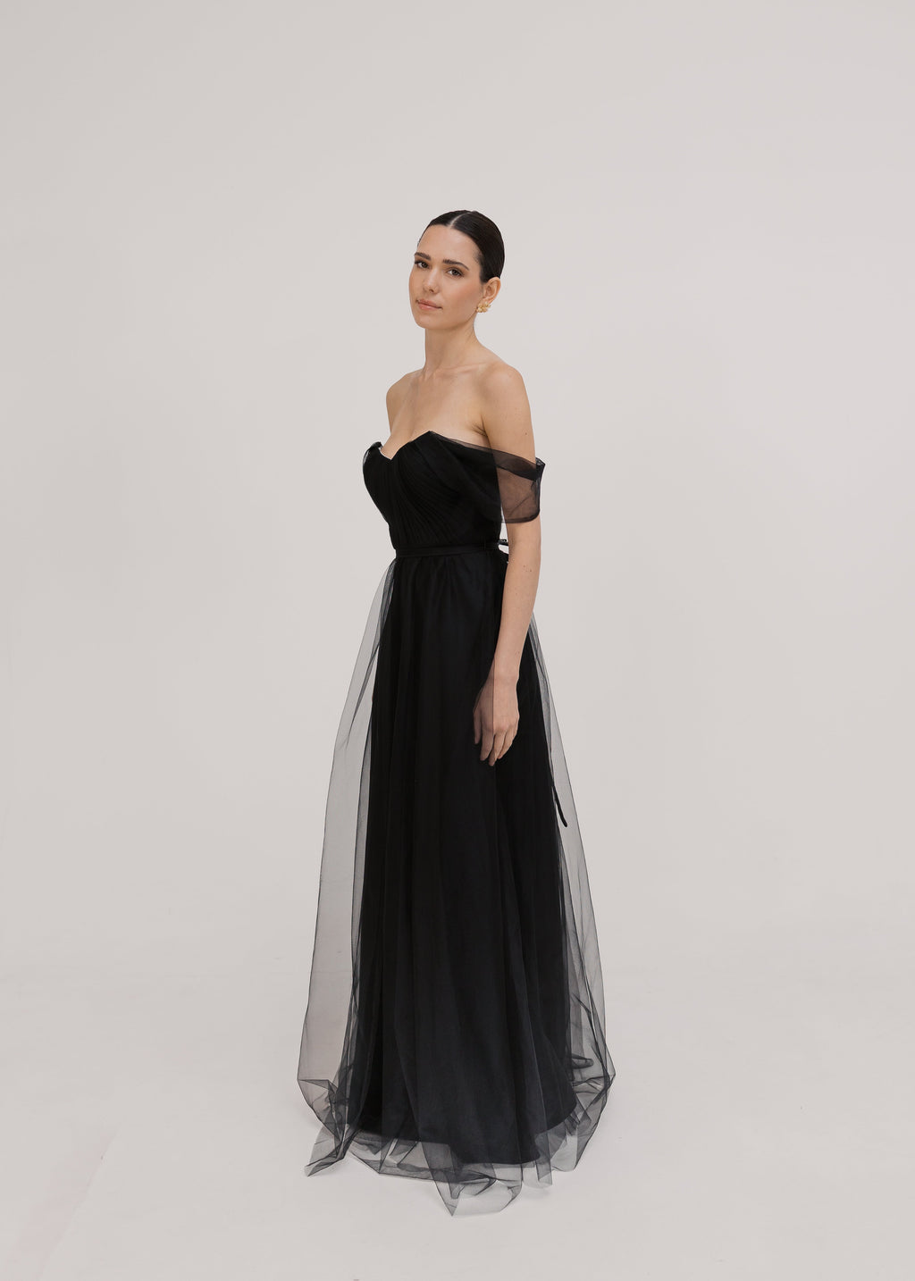 Bardot Bridesmaid Dress in Black Tulle