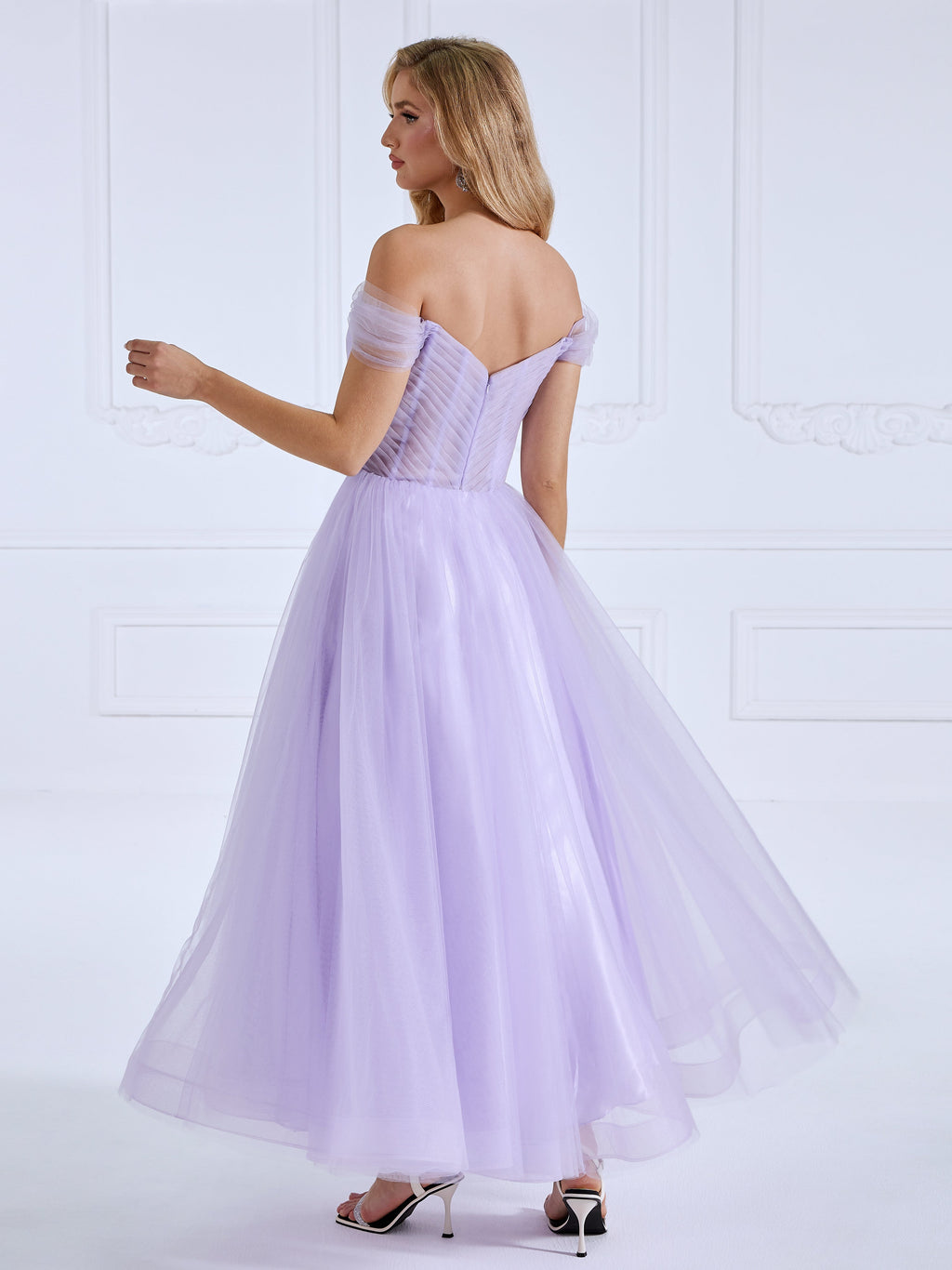 A-line Off the Shoulder Tulle Prom Dresses Ankle Length #16805