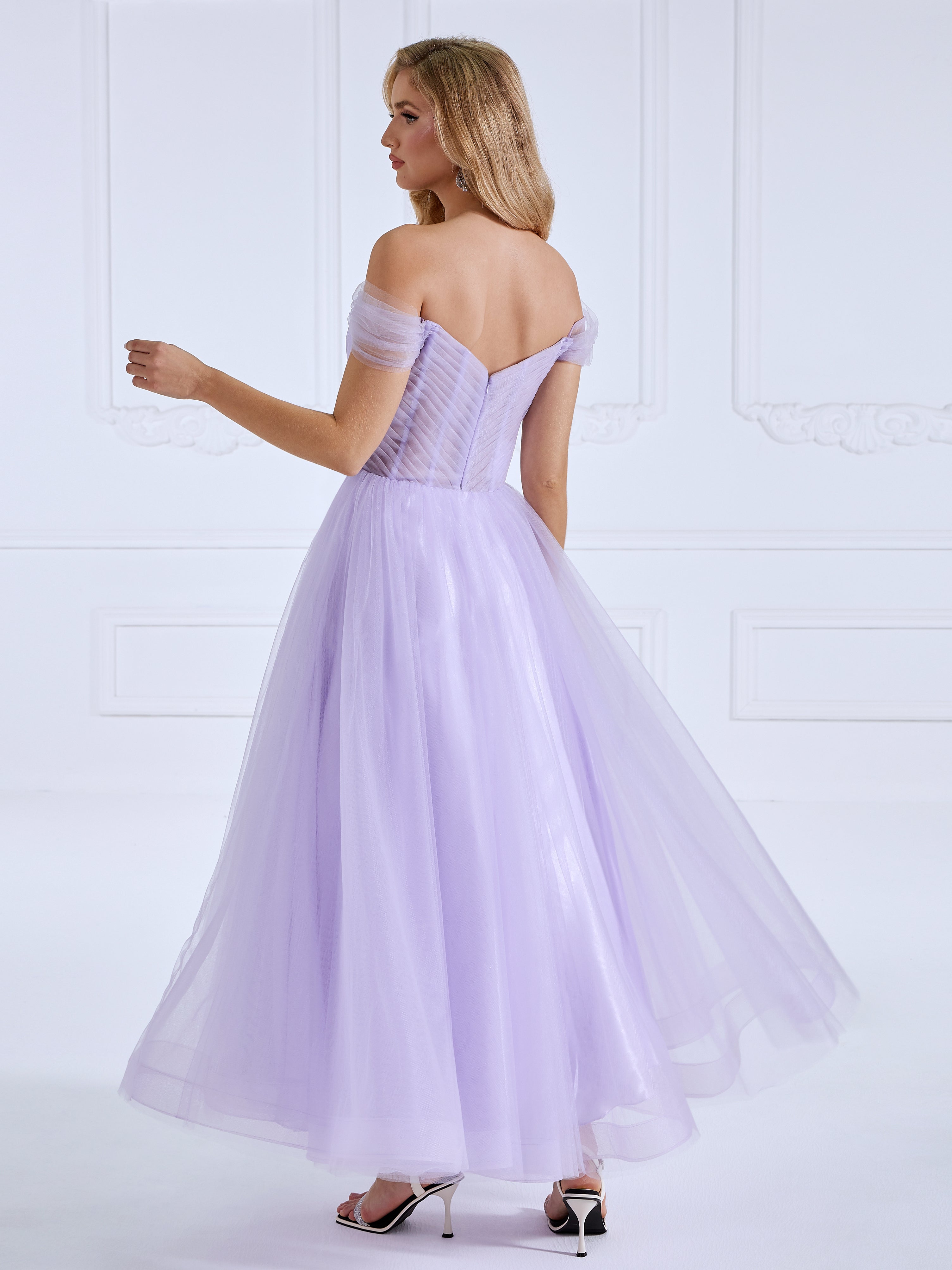 A-line Off the Shoulder Tulle Prom Dresses Ankle Length #16805