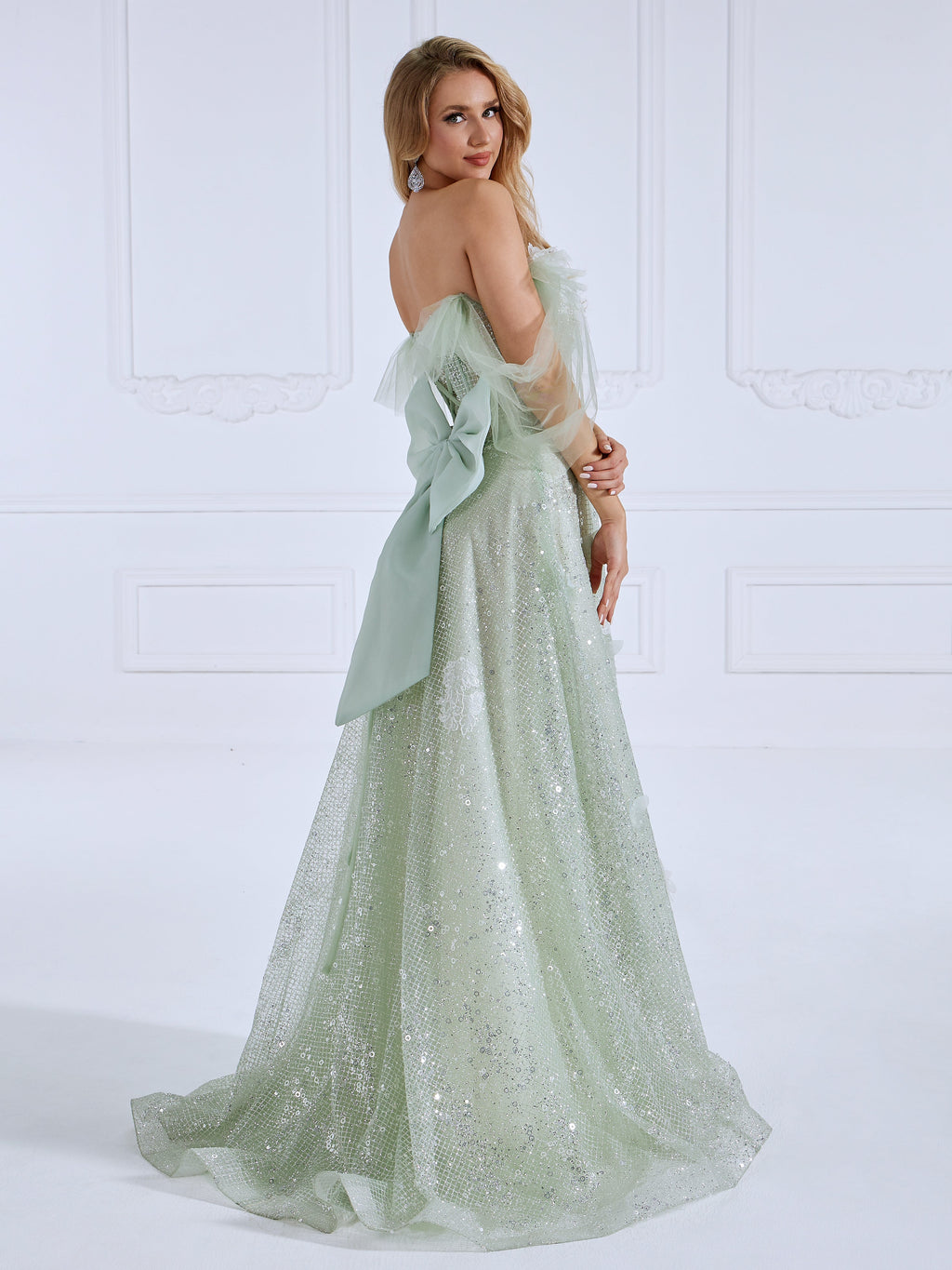 A Line Prom Dresses Sparkle Mesh appliques Off The Shoulder Evening Dress #19032