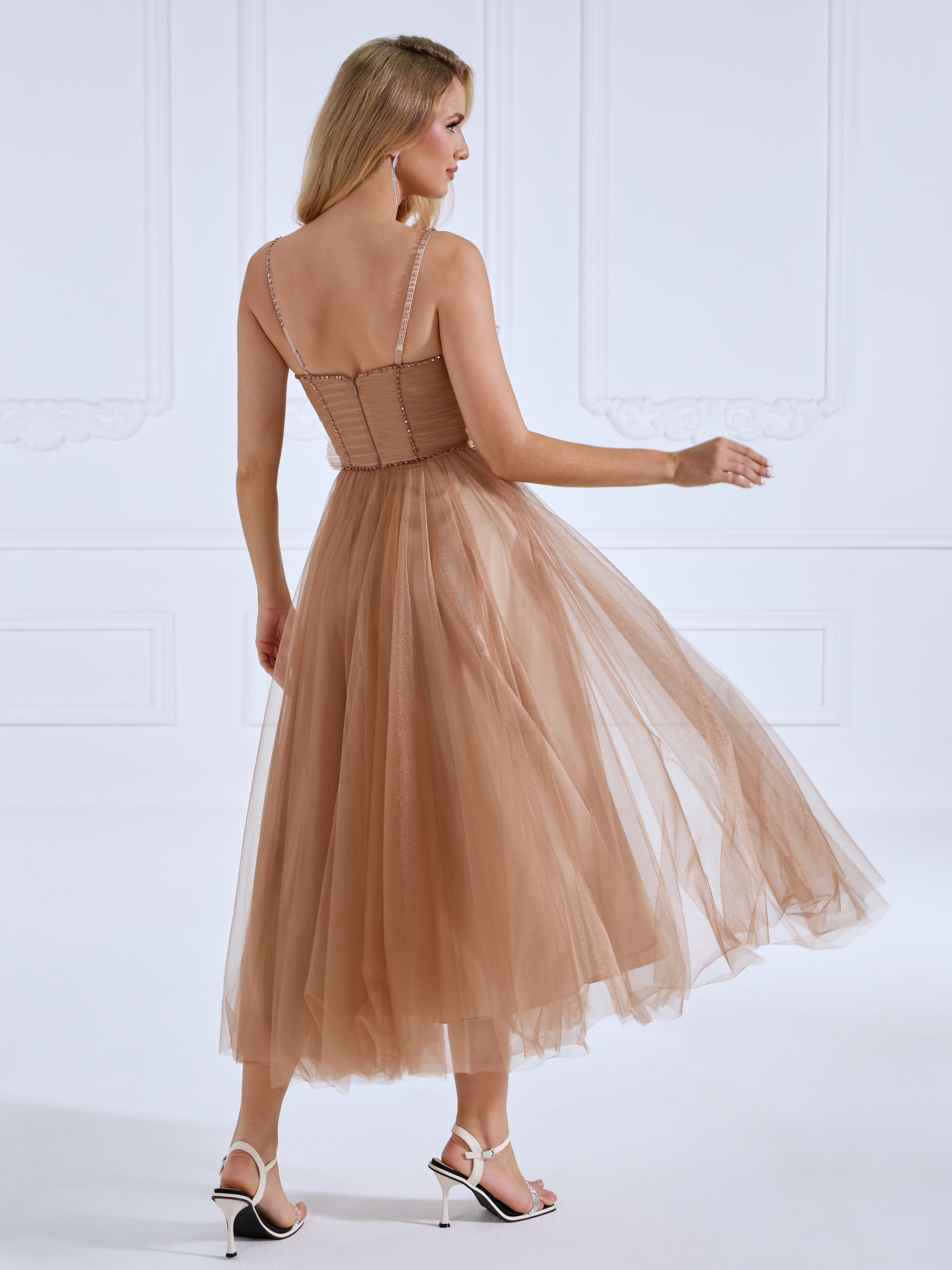 Spaghetti Strap Glitter Mesh Ankle Length Prom Ball Gown #0325