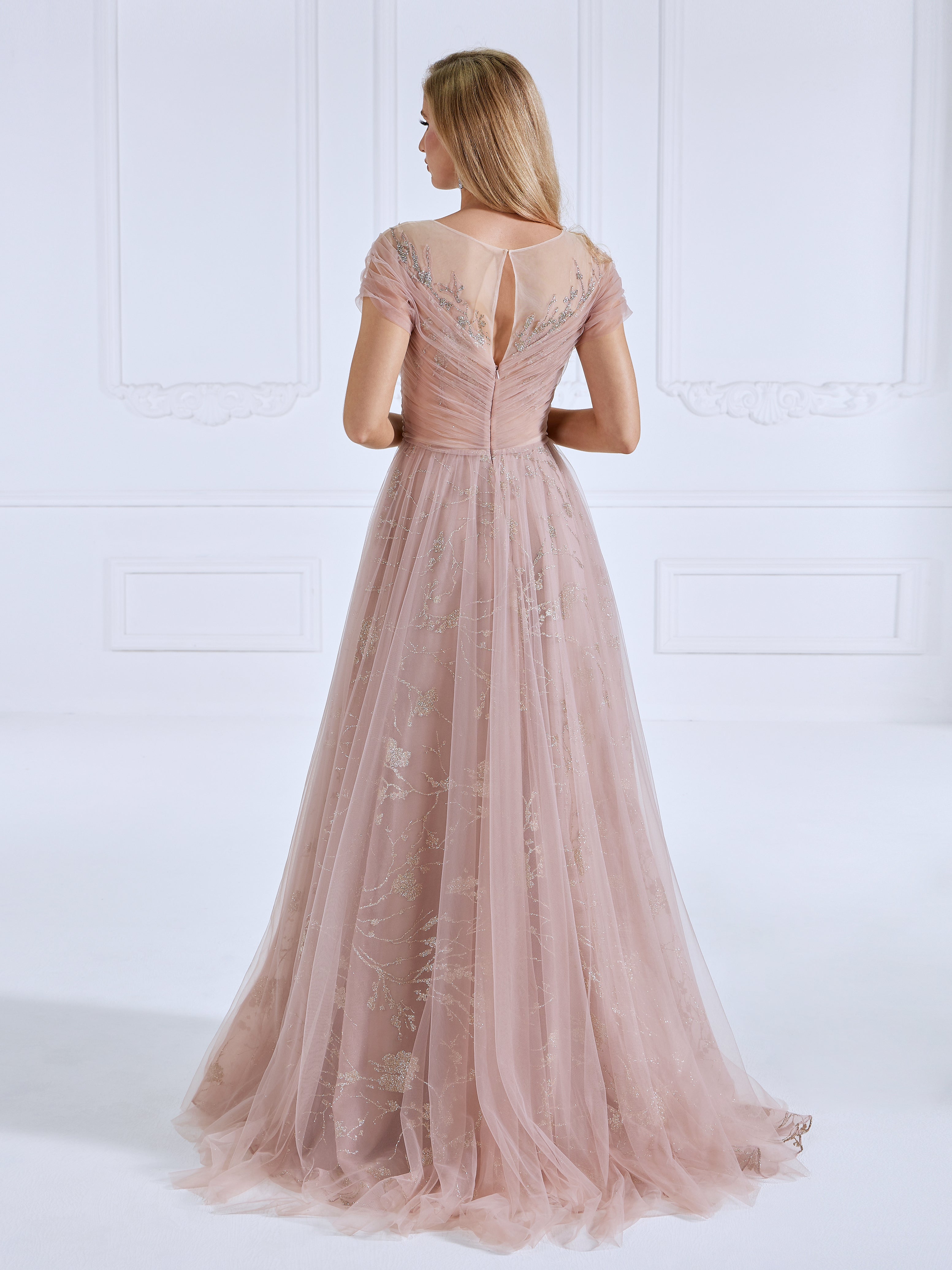 A Line illusion Round Neck Floor Length Tulle Prom Dresses With Glitter Pattern #16736