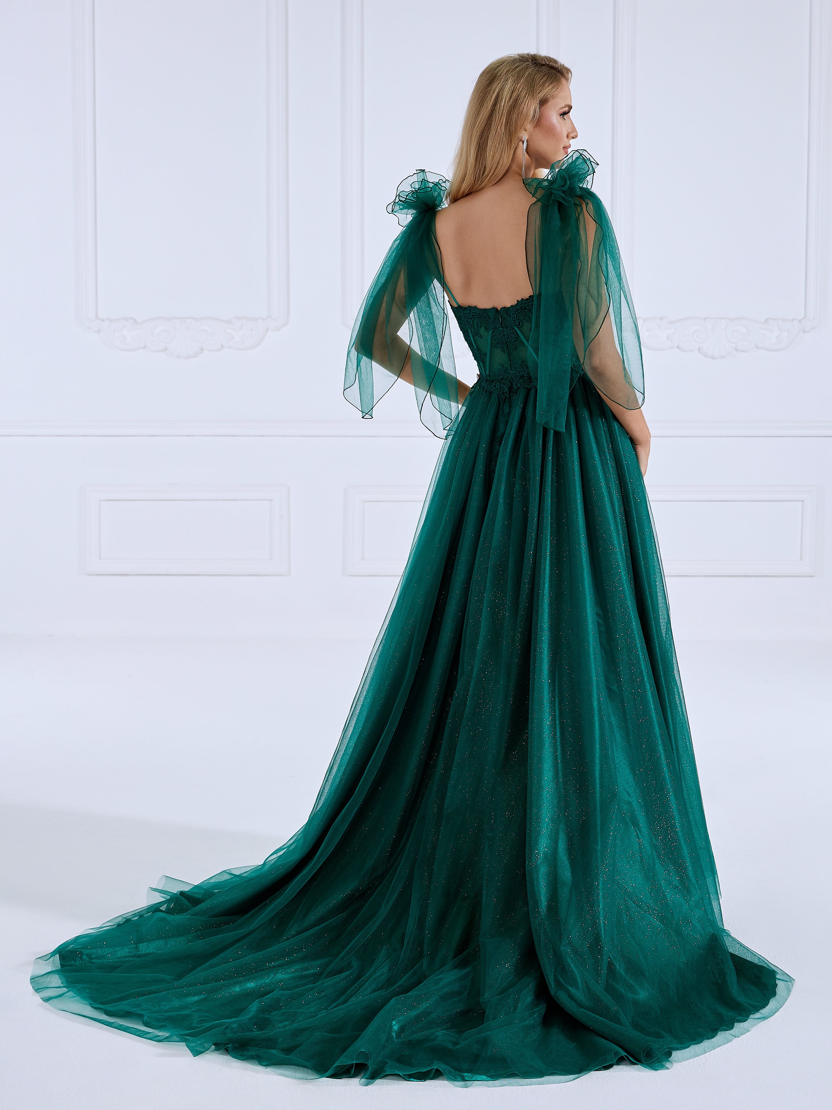A Line Sweetheart Sweep Train Green Evening Dresses Photo Shoot Gown #0406