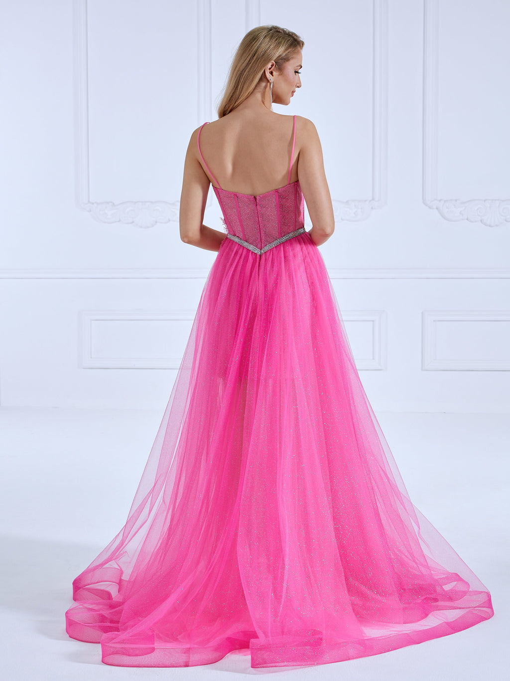 A-line Sweetheart Floor-Length Shinny Hot Pink Prom Dresses with Crystals Belt #17582