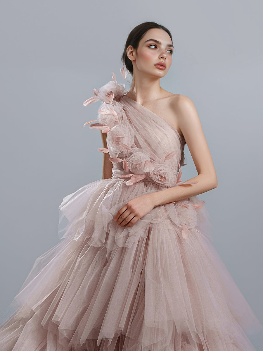 Elegant Prom Dresses for Party One-shoulder with Handmade Flowers Layer Tulle Dress for Event YW250068